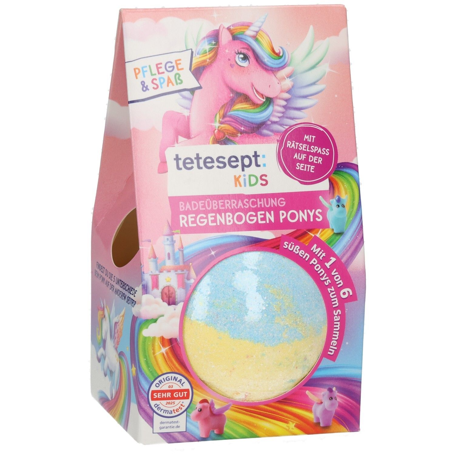 Verpackung mit Badeüberraschung. Enthält eine Badebombe und ein Pony. Rosa, blau und gelb. Mit tetesept Kids Logo.