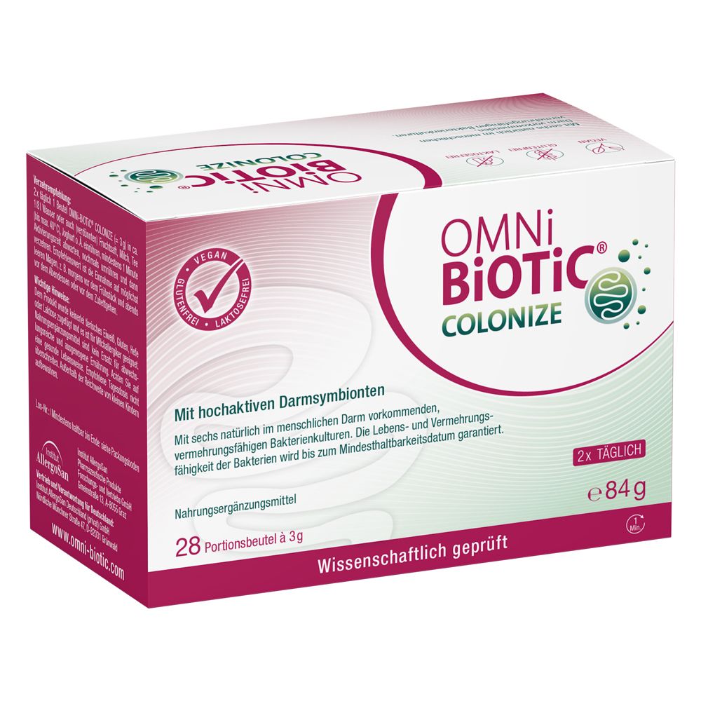OMNi-BiOTiC® COLONIZE Kartonverpackung mit 28 Portionsbeuteln à 3g. Enthält sechs hochaktive Darmsymbionten. Wissenschaftlich geprüft.