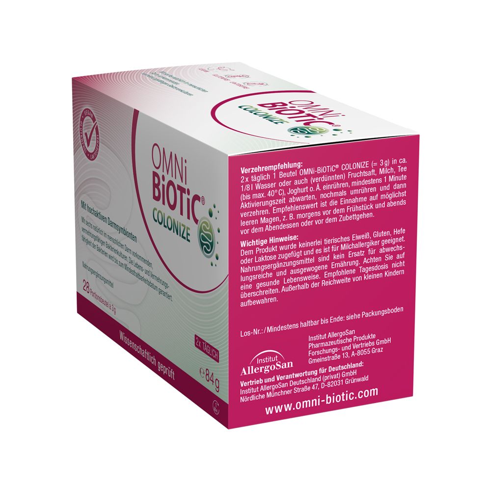 Rückseite der OMNi-BiOTiC® COLONIZE Verpackung mit Anwendungshinweisen und Herstellerinformationen. 28 Portionsbeutel à 3g.
