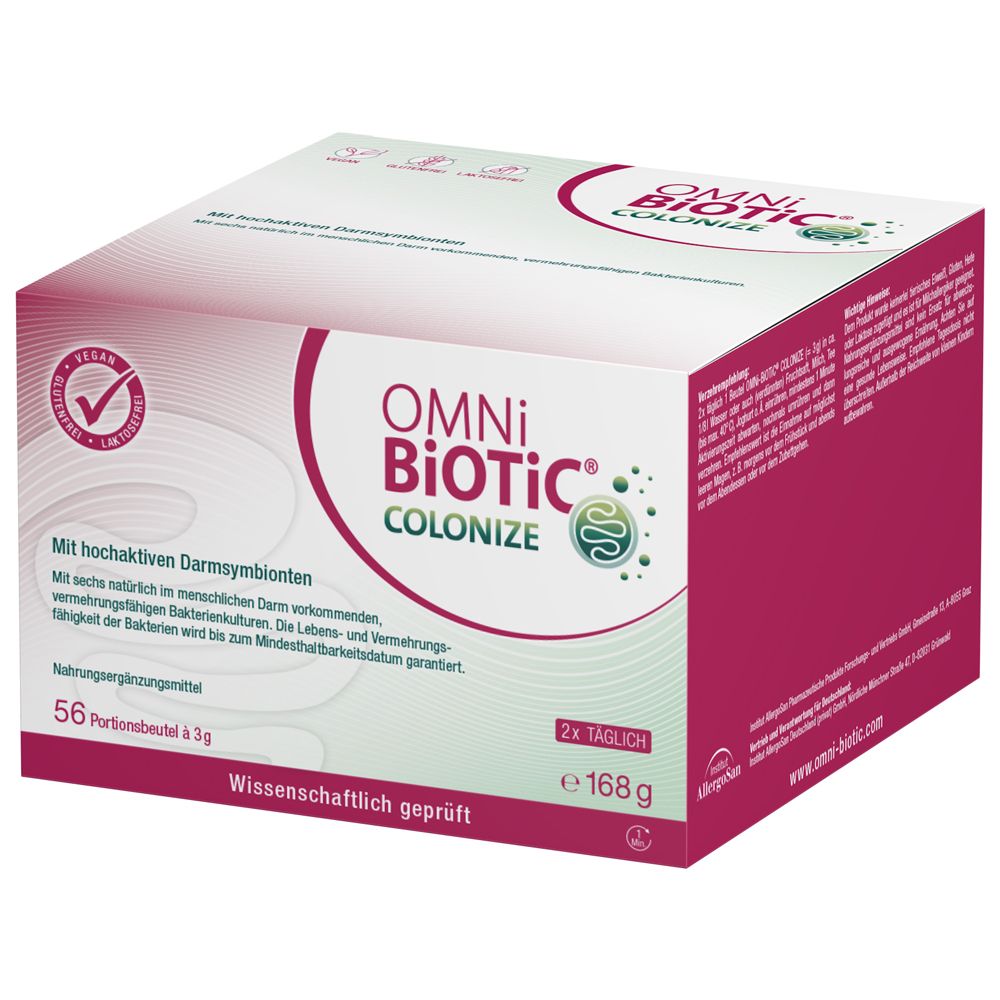 OMNi-BiOTiC® COLONIZE Karton mit 56 Portionsbeuteln à 3g. Enthält hochaktive Darmsymbionten. Wissenschaftlich geprüft.