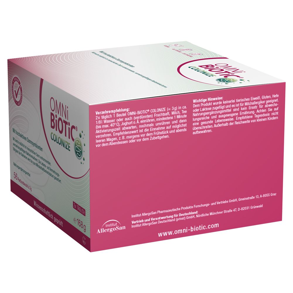 Rückseite des OMNi-BiOTiC® COLONIZE Kartons mit 56 Portionsbeuteln. Enthält Anwendungshinweise und wichtige Hinweise.