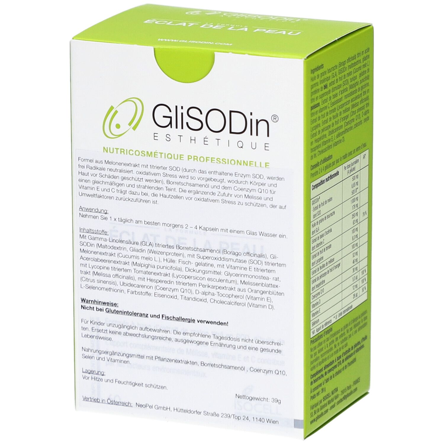 Weiße Schachtel mit grünem Deckel. Aufschrift: GliSODin. Enthält Inhaltsstoffe und Nährwertangaben. Text in Deutsch.