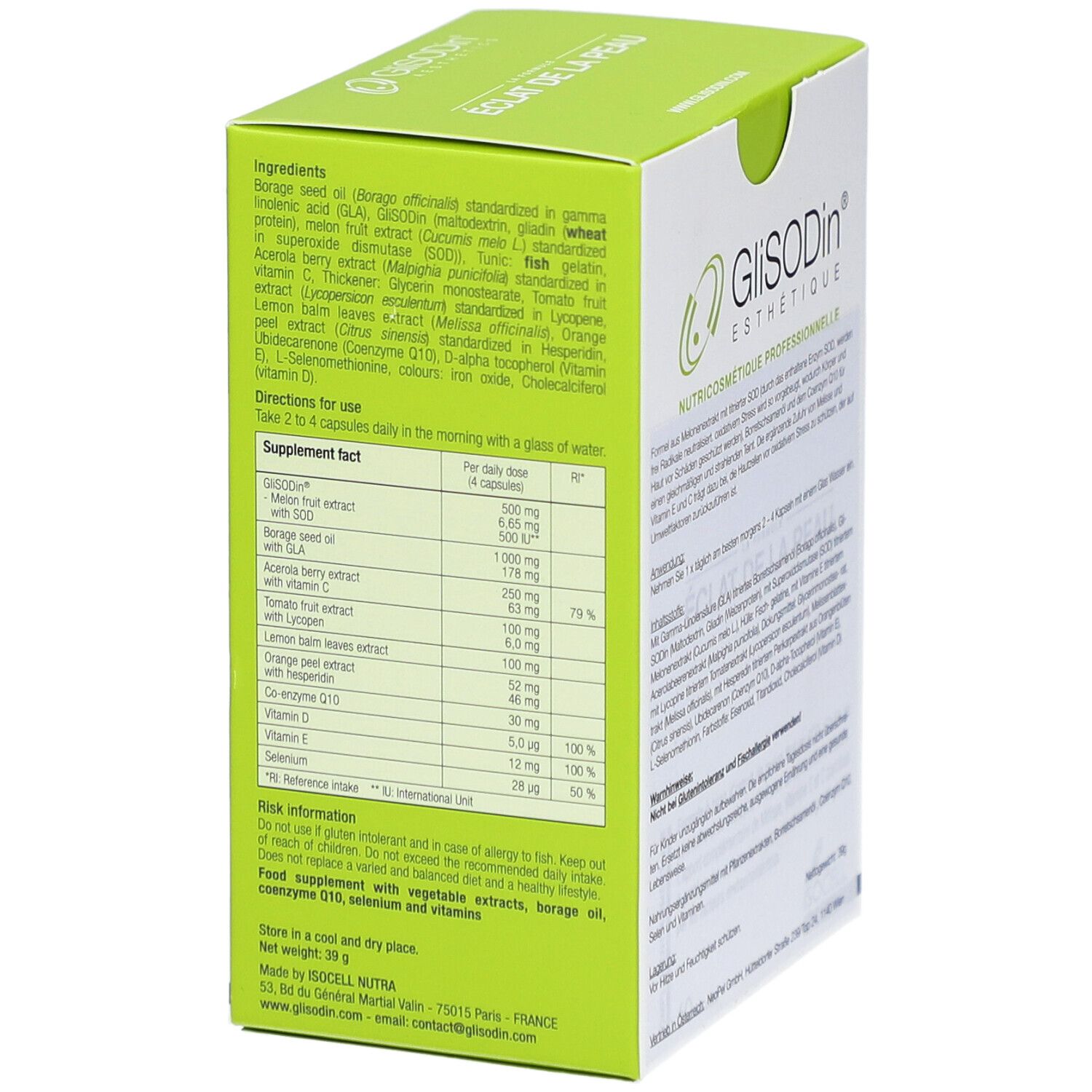 Weiße Schachtel mit grünem Deckel. Aufschrift: GliSODin. Enthält Inhaltsstoffe und Nährwertangaben. Text in Englisch.