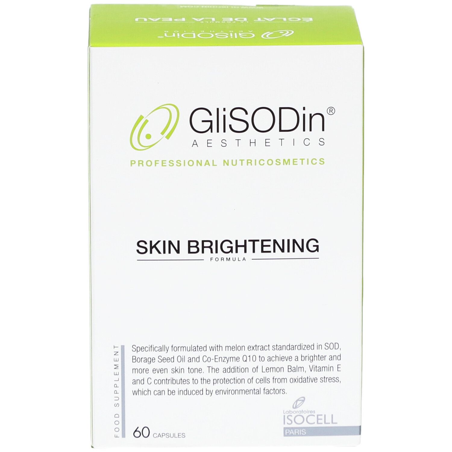 Weiße Schachtel mit grünem Deckel. Aufschrift: GliSODin Skin Brightening. Enthält 60 Kapseln. Text in Englisch.