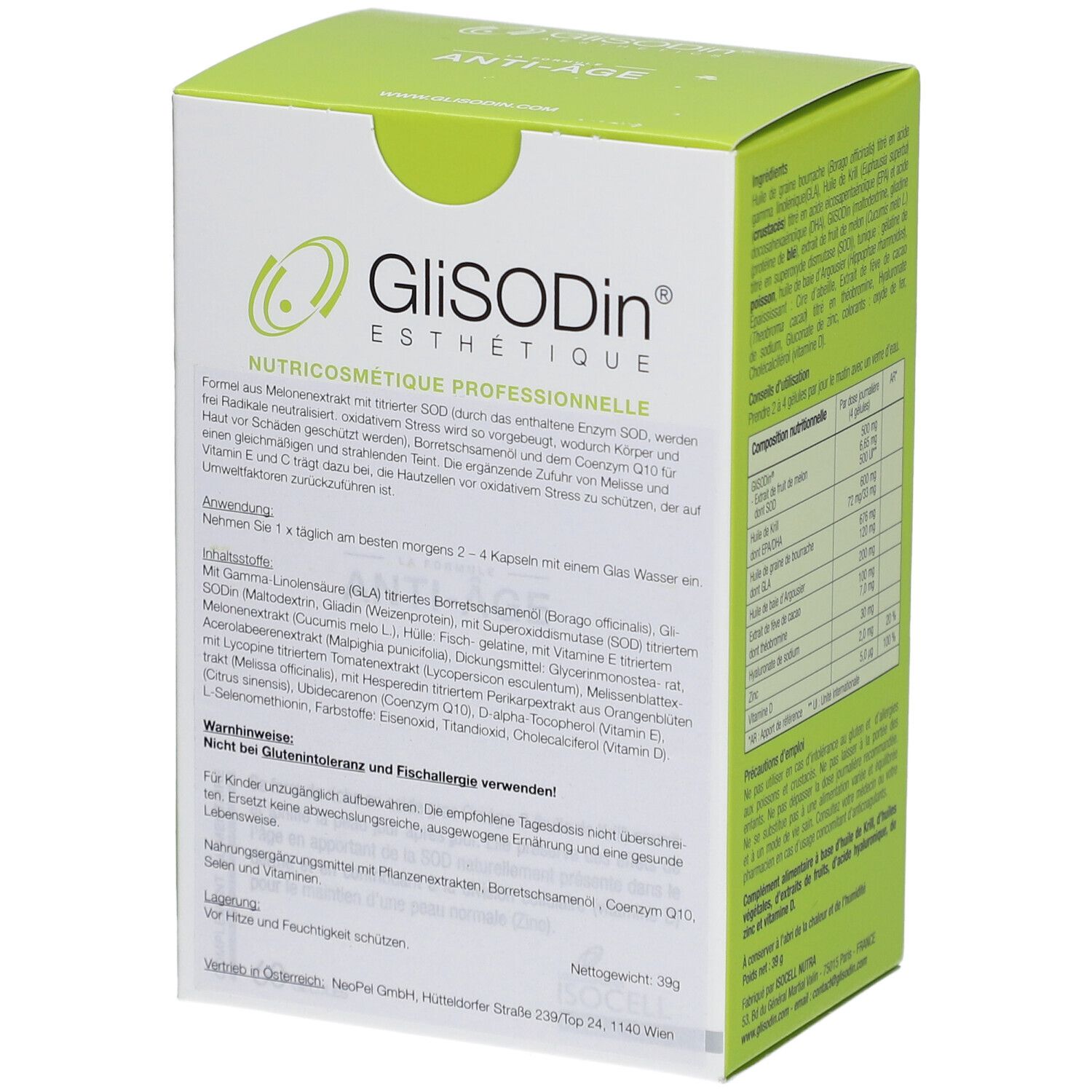 Rückseite der GLISODIN Anti-Aging Kapseln-Verpackung. Inhaltsstoffe und Anwendungshinweise.
