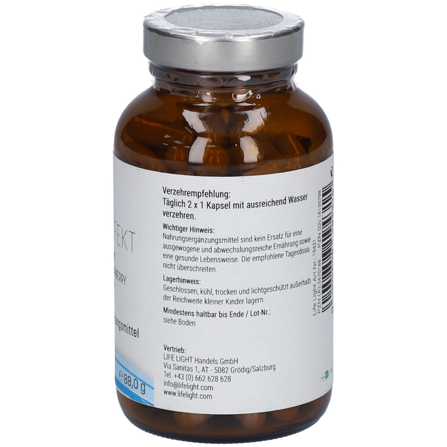 Rückseite der Flasche. Verzehrempfehlung, Hinweise. LIFE LIGHT BASIC, Vegan-Siegel.