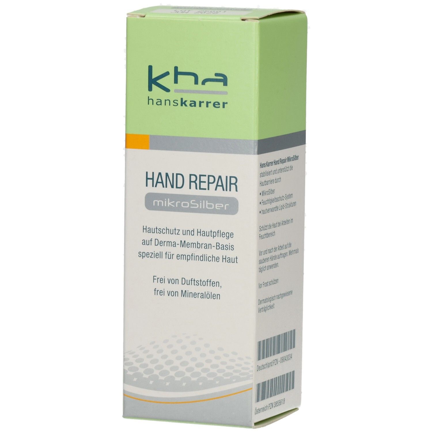 Karton mit Produktinformationen. Aufschrift: HAND REPAIR mikrosilber. Marke: kha hanskarrer. Grün-weiße Verpackung.