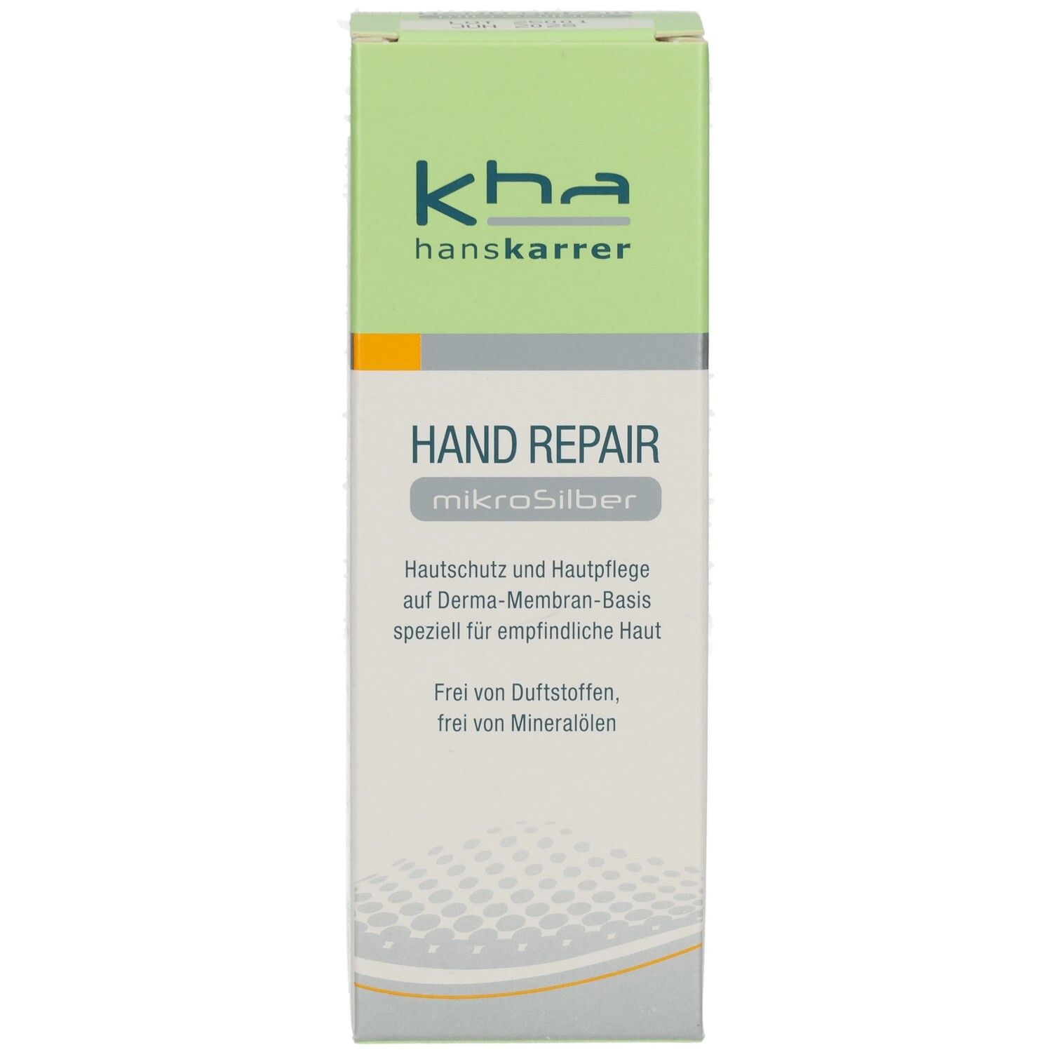 Produktverpackung. Aufschrift: HAND REPAIR mikrosilber. Marke: kha hanskarrer. Grün-weiße Verpackung. Text über Hautschutz und Pflege.