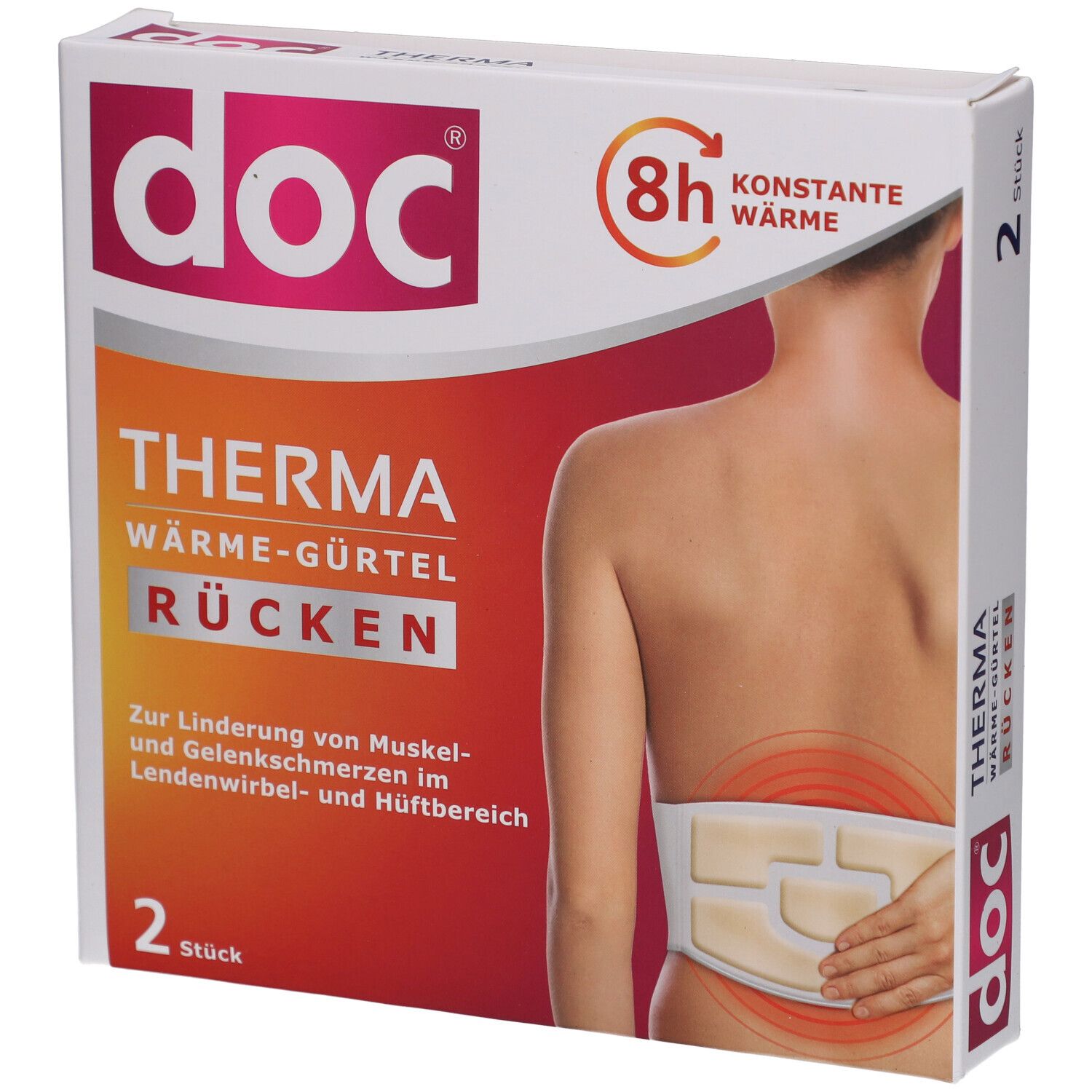Verpackung von doc THERMA Wärme-Gürtel Rücken. Zeigt Produkt und Anwendung am Rücken. 2 Stück.