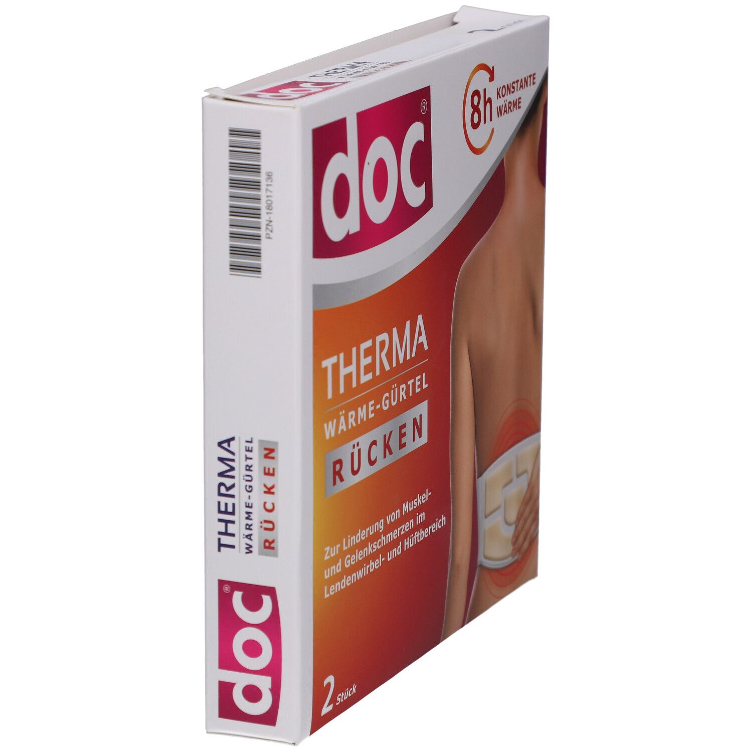Seitenansicht der Verpackung von doc THERMA Wärme-Gürtel Rücken. 2 Stück.