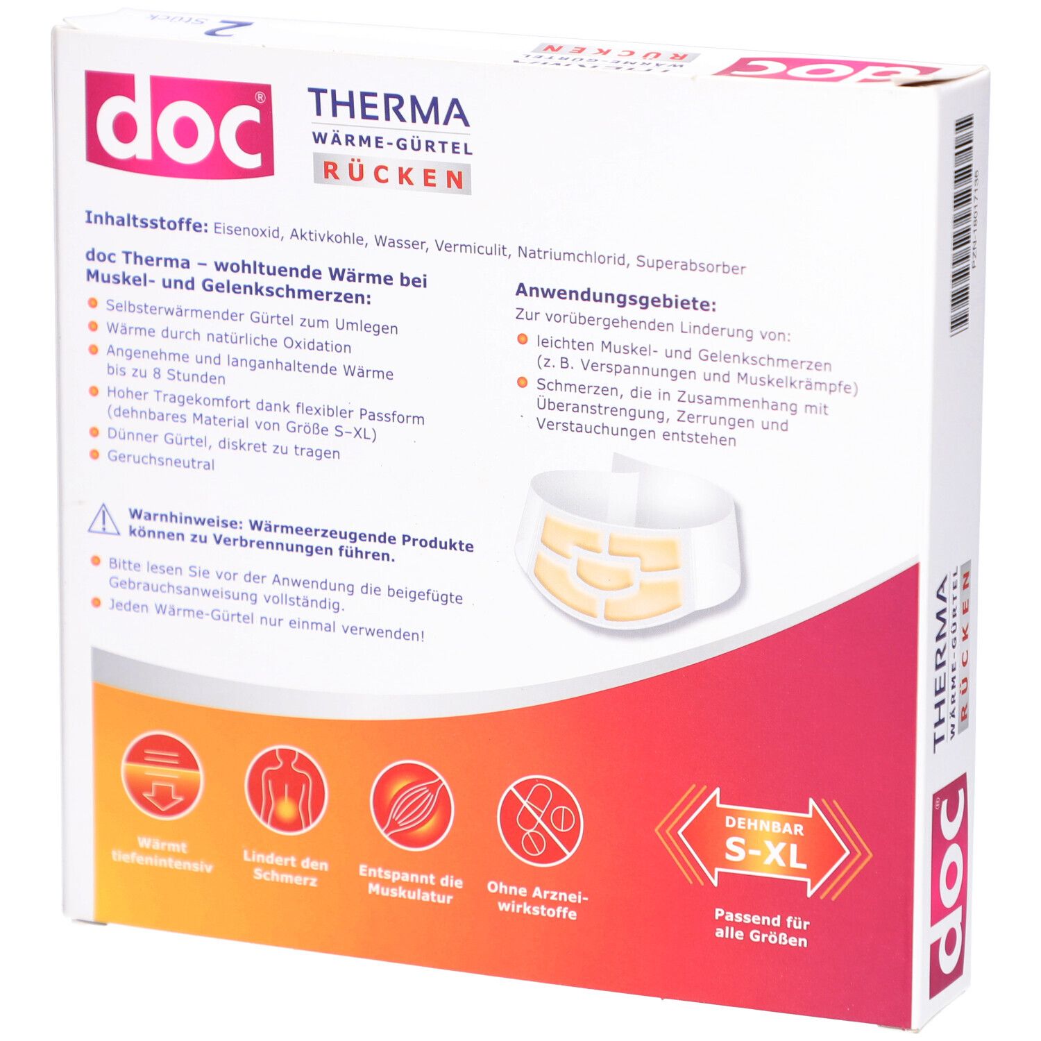 Rückseite der Verpackung von doc THERMA Wärme-Gürtel Rücken. Produktinformationen und Anwendungshinweise.