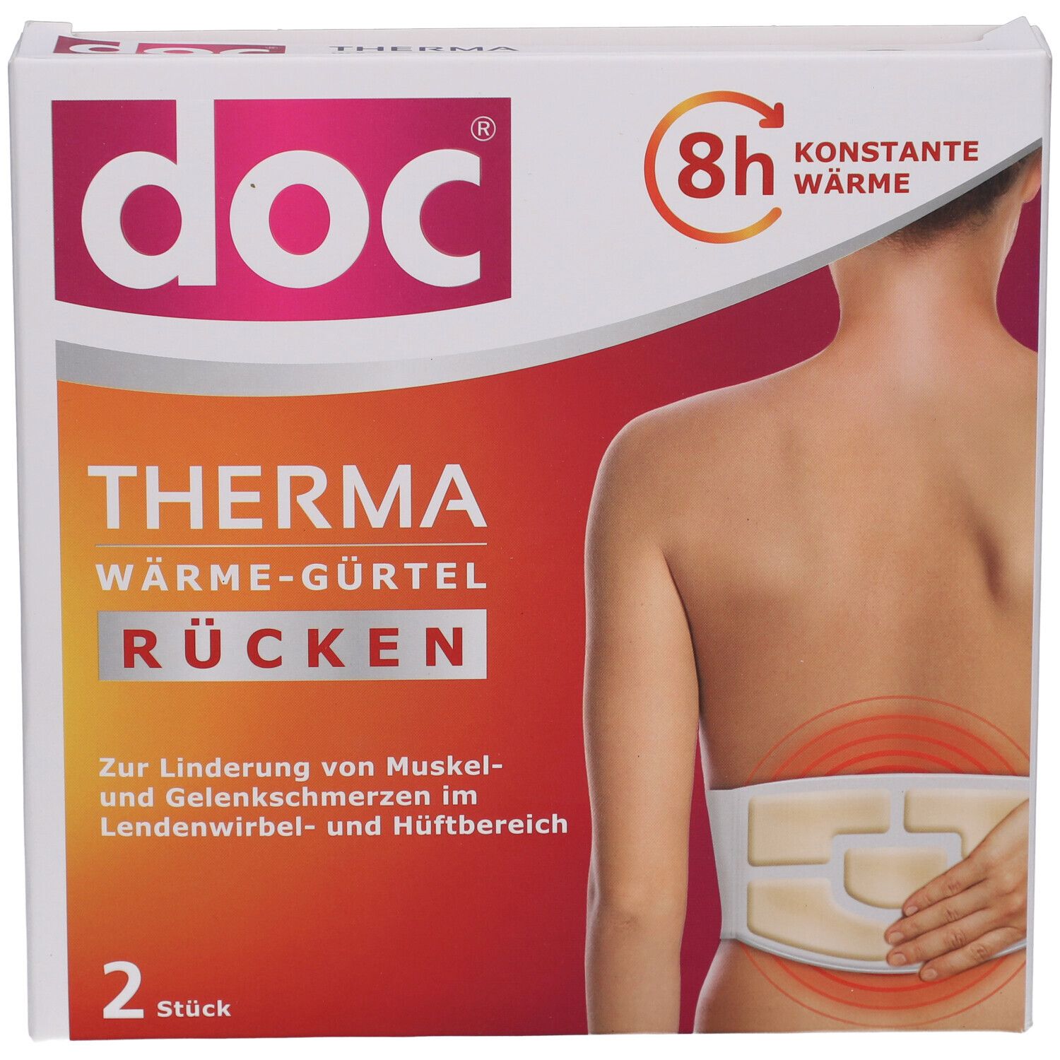 Verpackung von doc THERMA Wärme-Gürtel Rücken. Zeigt Produkt und Anwendung am Rücken. 2 Stück.