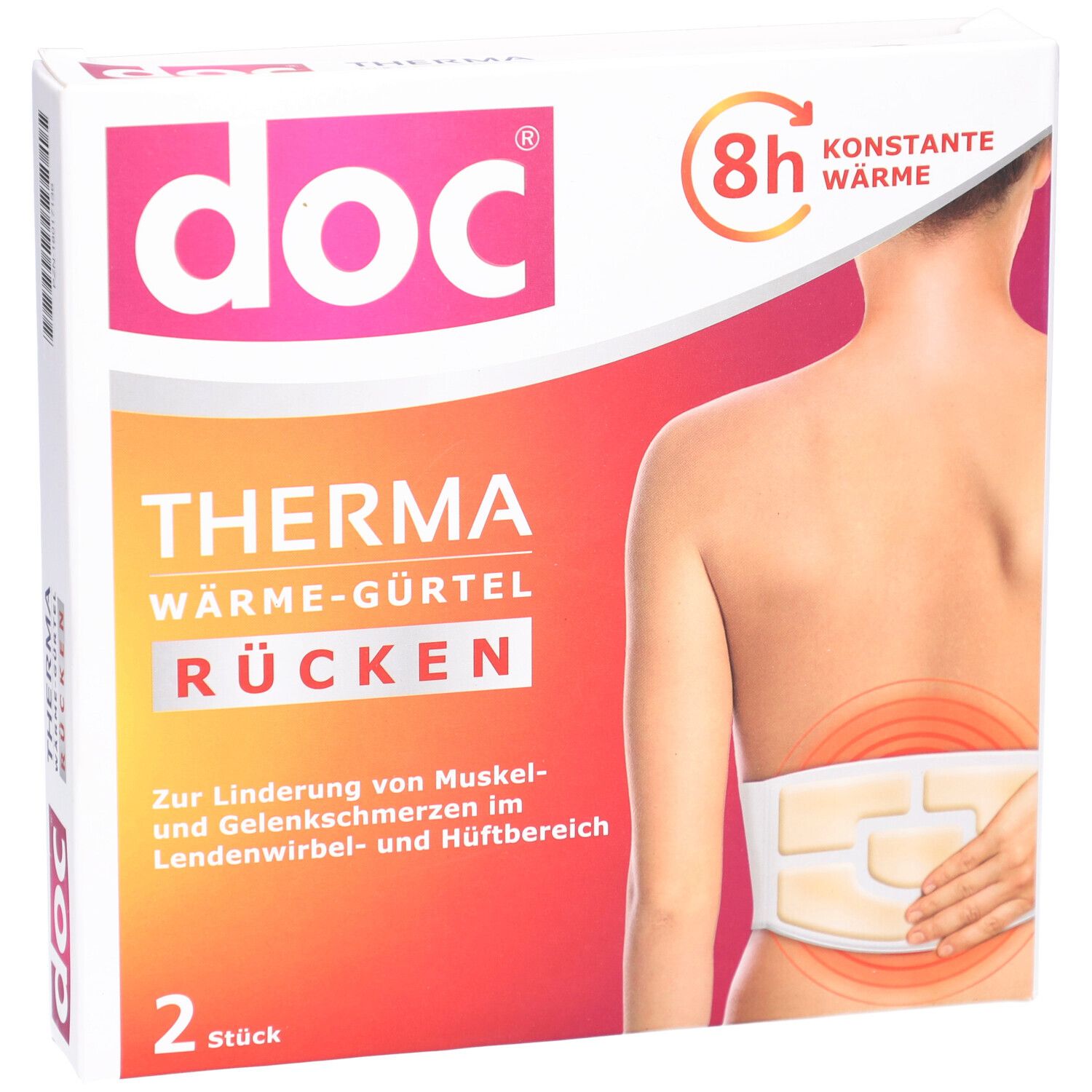 Verpackung von doc THERMA Wärme-Gürtel Rücken. Zeigt Produkt und Anwendung am Rücken. 2 Stück.