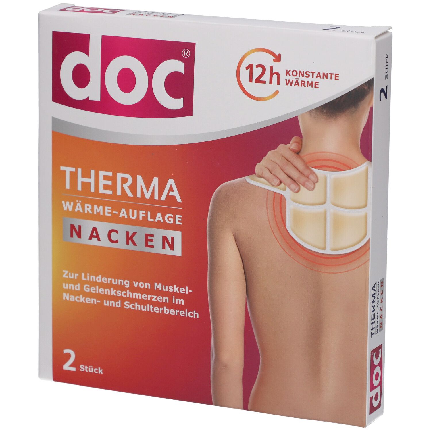 Verpackung von doc® THERMA WÄRME-AUFLAGE NACKEN. Auf der Verpackung ist eine Frau abgebildet, die das Produkt am Nacken trägt. 2 Stück.
