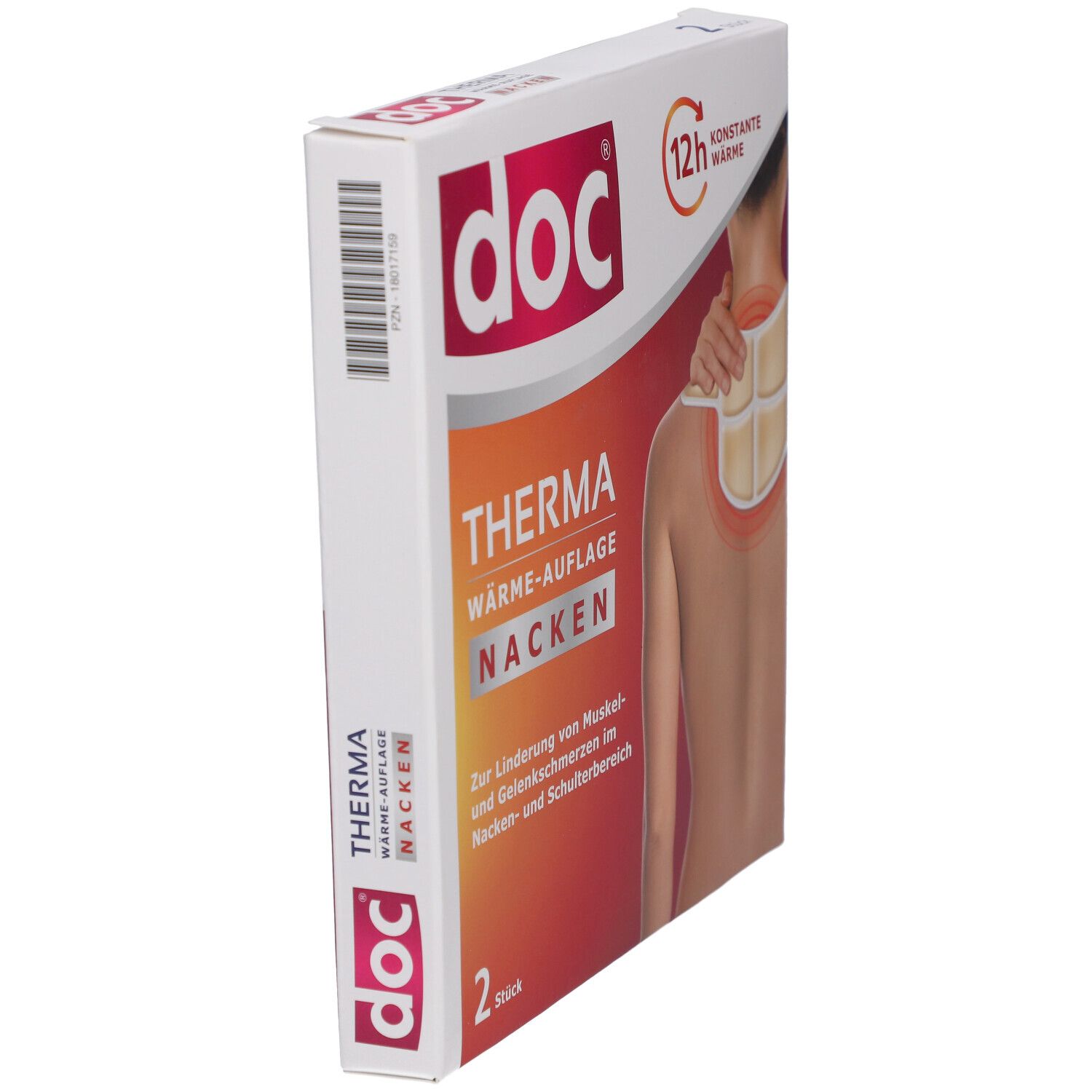 Verpackung von doc® THERMA WÄRME-AUFLAGE NACKEN. Die Verpackung ist schräg abgebildet. Auf der Verpackung ist eine Frau abgebildet.