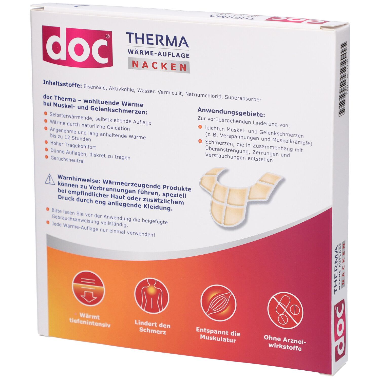 Rückseite der Verpackung von doc® THERMA WÄRME-AUFLAGE NACKEN. Produktinformationen und Piktogramme sind abgebildet.