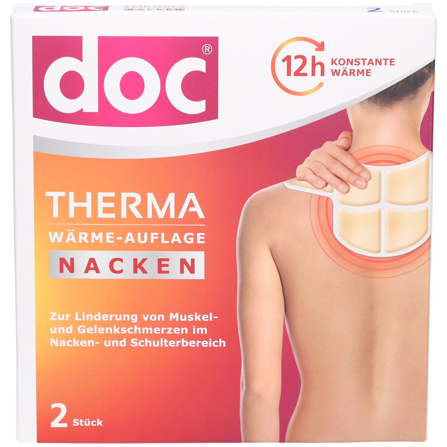 Verpackung von doc® THERMA WÄRME-AUFLAGE NACKEN. Auf der Verpackung ist eine Frau abgebildet, die das Produkt am Nacken trägt. 2 Stück.