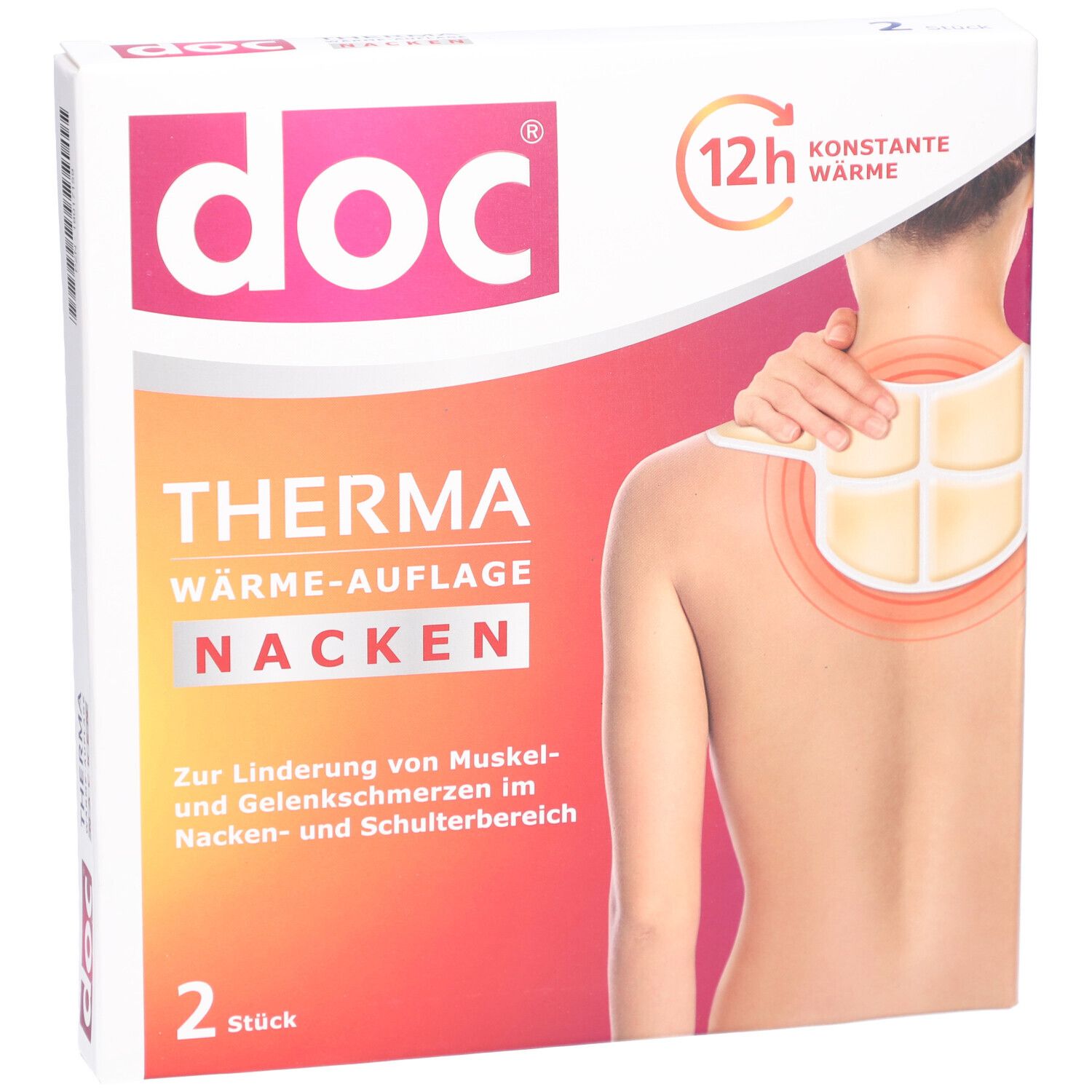 Verpackung von doc® THERMA WÄRME-AUFLAGE NACKEN. Auf der Verpackung ist eine Frau abgebildet, die das Produkt am Nacken trägt. 2 Stück.