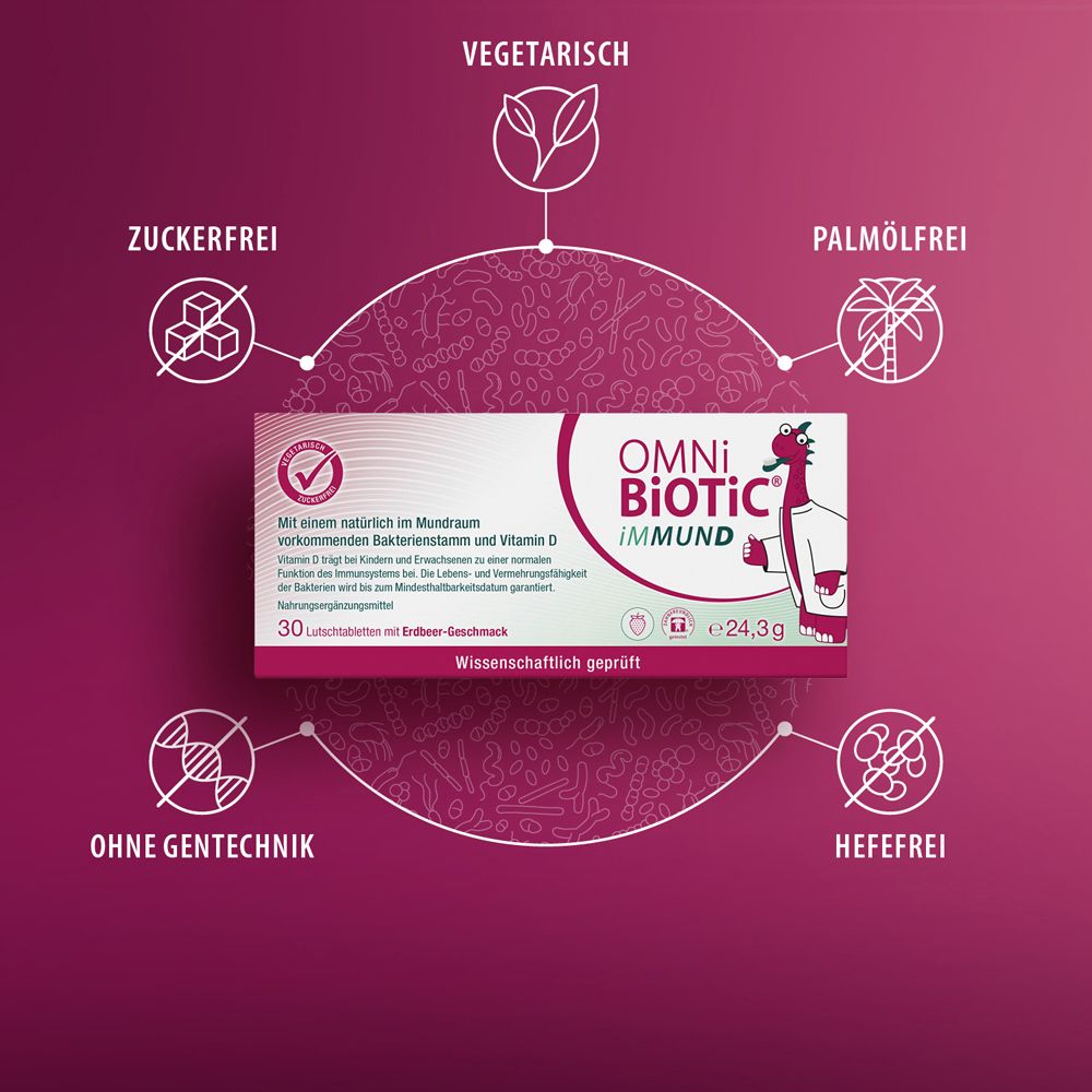 OMNi-BiOTiC® iMMUND Packung mit 30 Lutschtabletten, Übersicht.