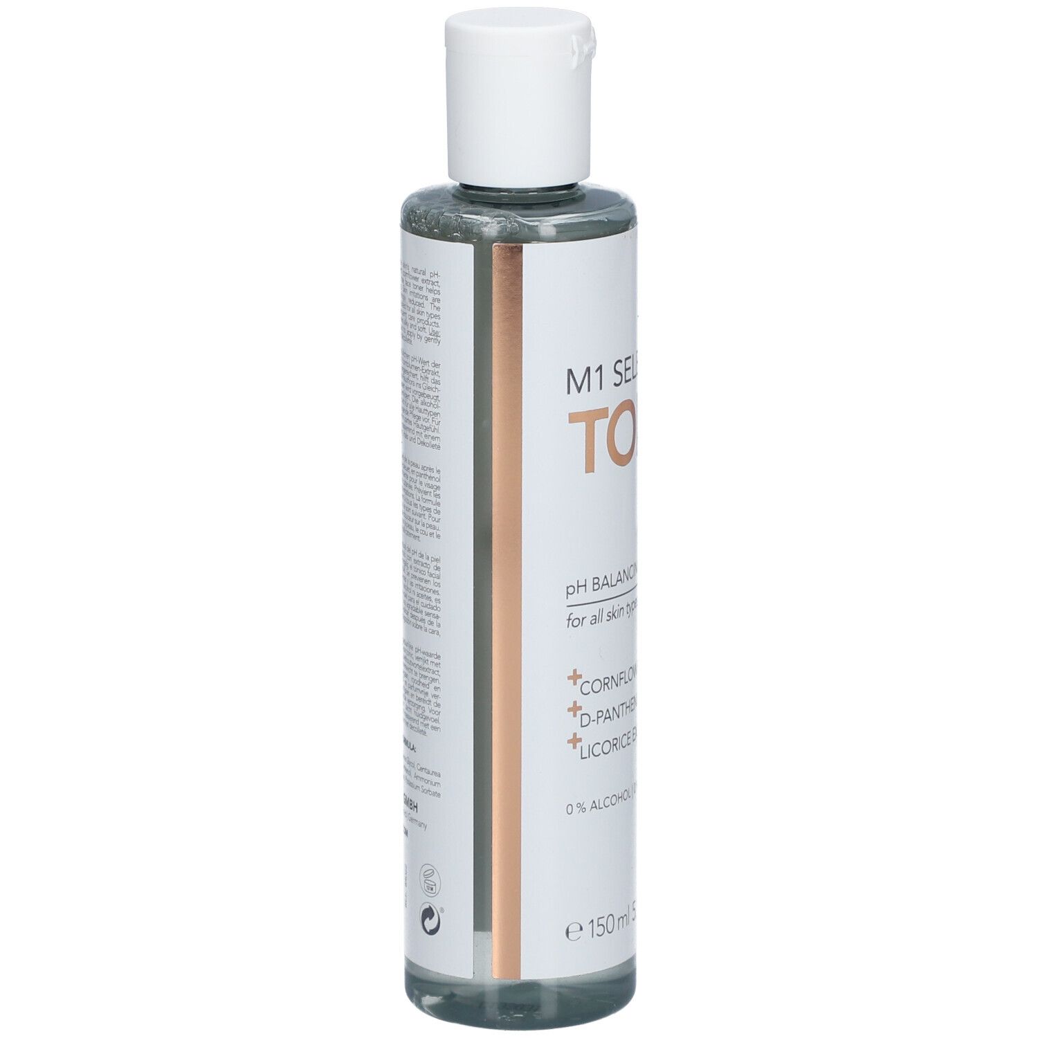 M1 Select Tonic Flasche. Rückseite mit Text. Weiße Kappe. Enthält Kornblumenextrakt, Panthenol und Süßholzextrakt. 150 ml.