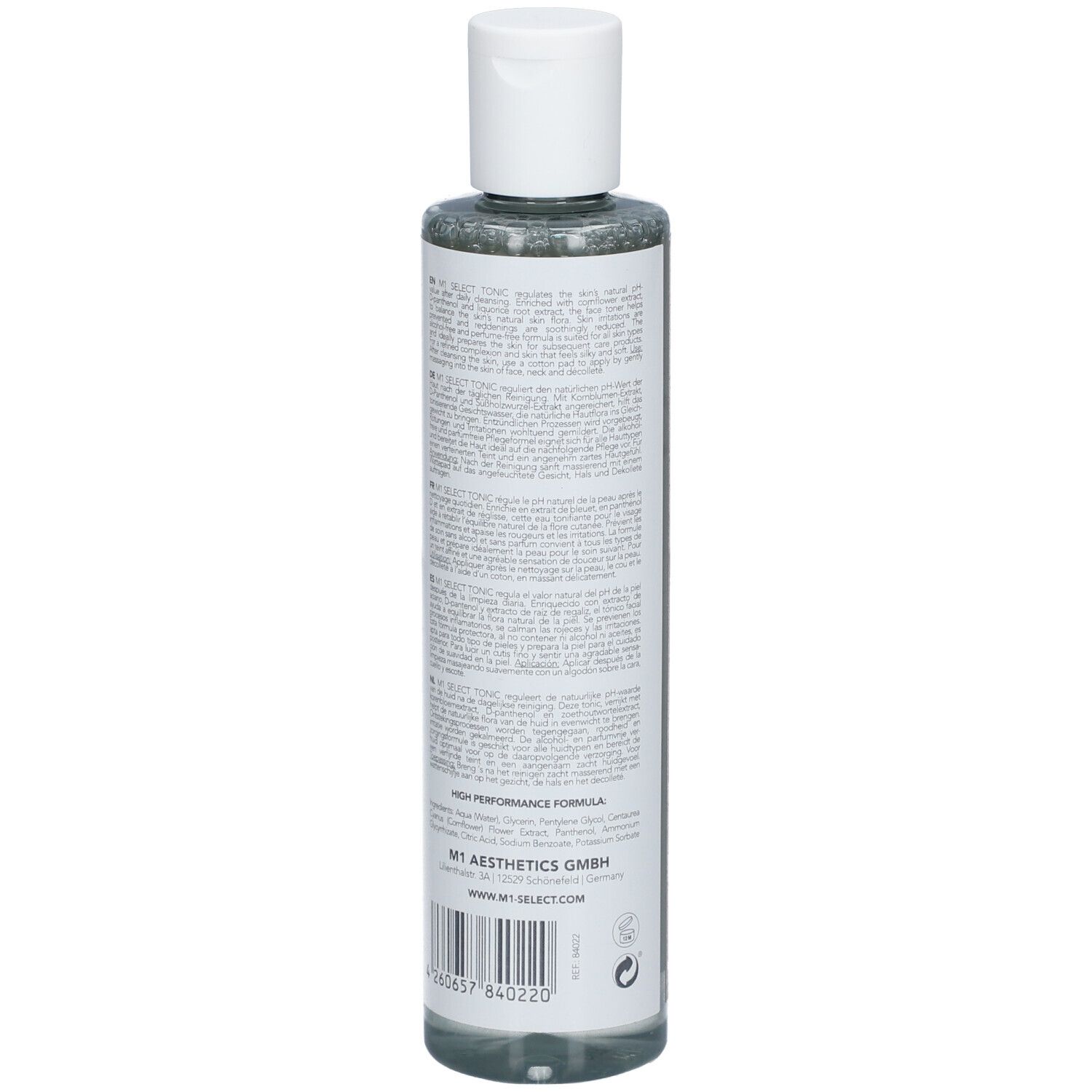 M1 Select Tonic Flasche. Rückseite mit Text. Weiße Kappe. Enthält Kornblumenextrakt, Panthenol und Süßholzextrakt. 150 ml.