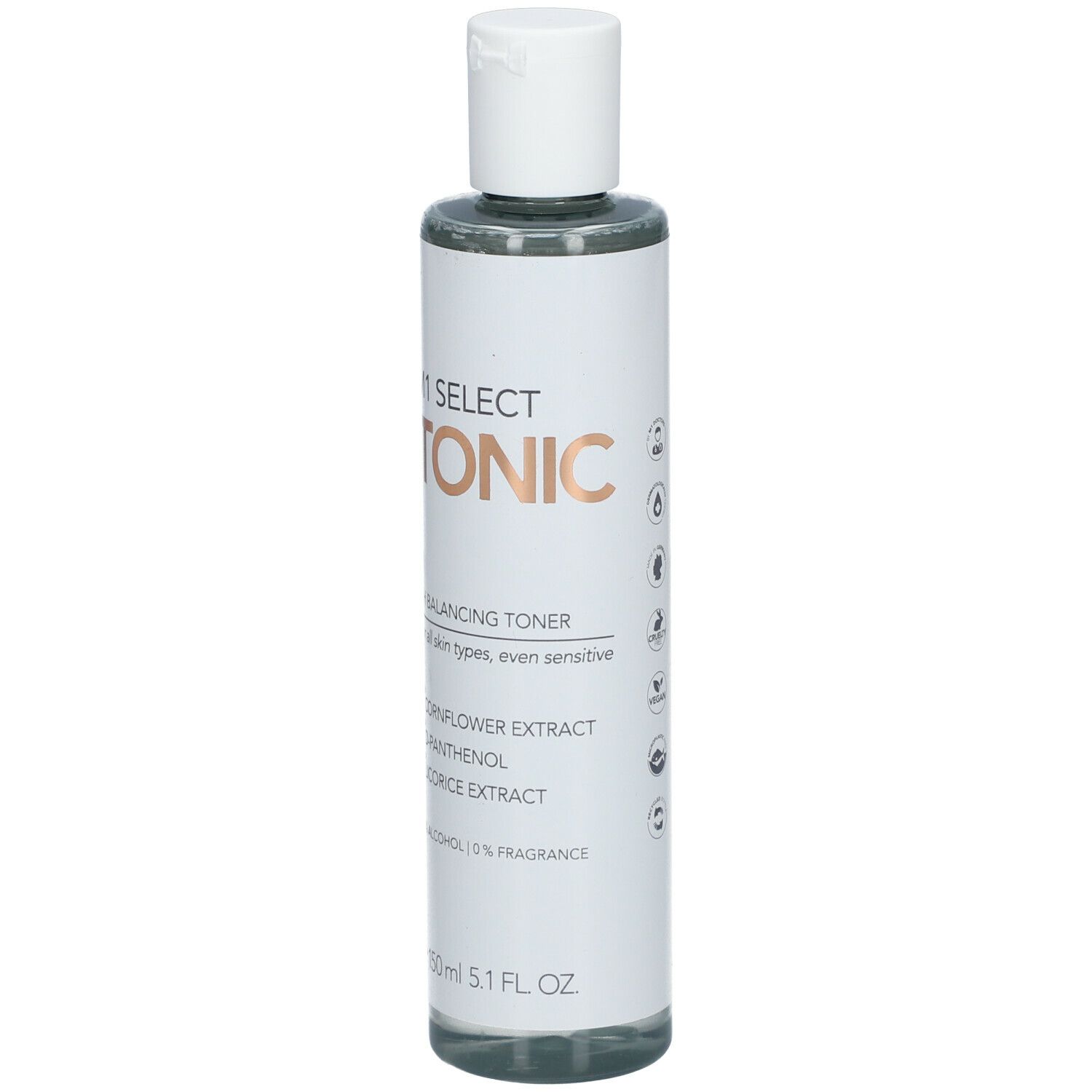 M1 Select Tonic Flasche. Weißes Etikett mit Produktnamen und Inhaltsstoffen. Weiße Kappe. pH-ausgleichend für alle Hauttypen.