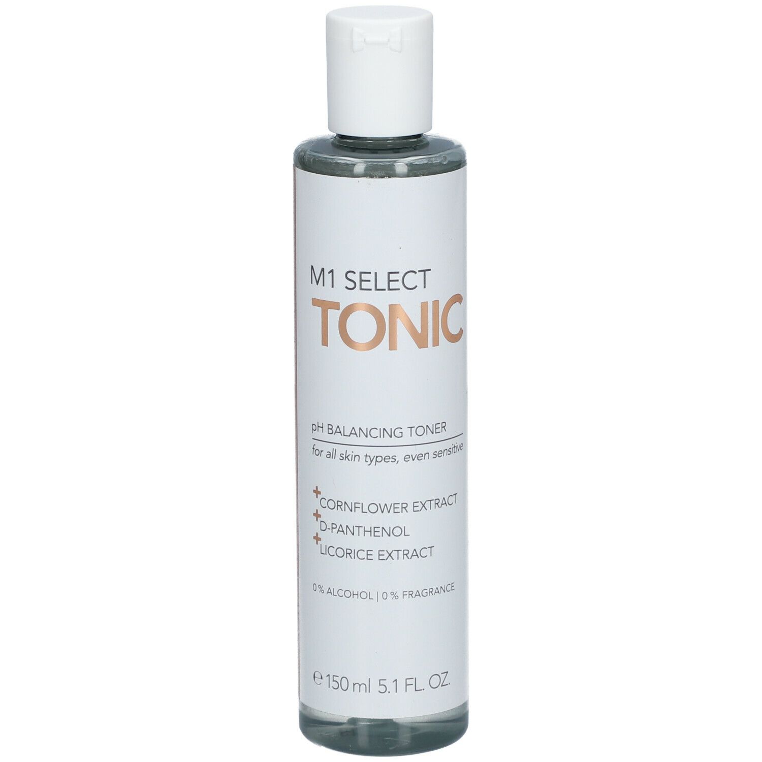 M1 Select Tonic Flasche. Rückseite mit Text und Icons. Weiße Kappe. Enthält Kornblumenextrakt, Panthenol und Süßholzextrakt. 150 ml.