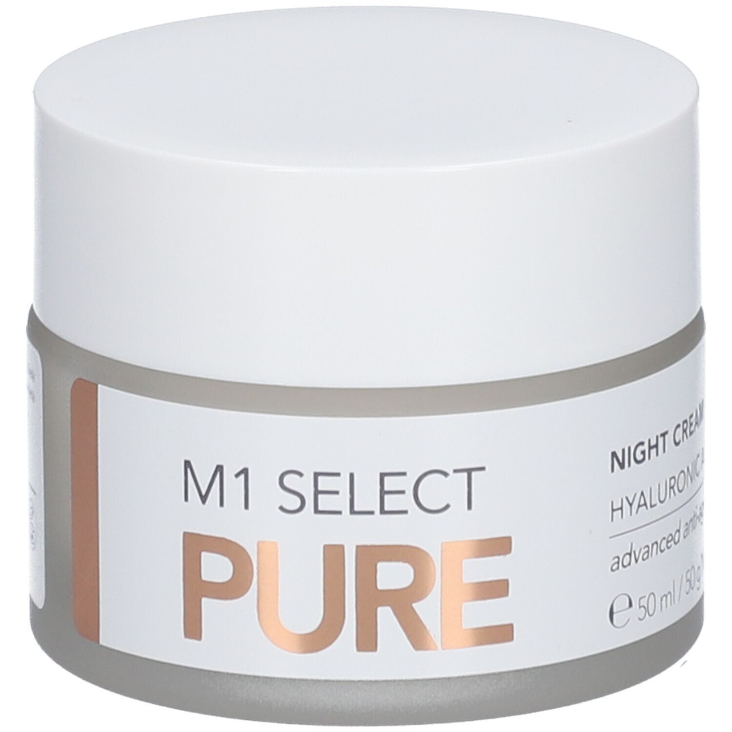 Creme-Tiegel mit weißem Deckel und Etikett. Auf dem Etikett steht "M1 SELECT PURE" und "NIGHT CREAM".