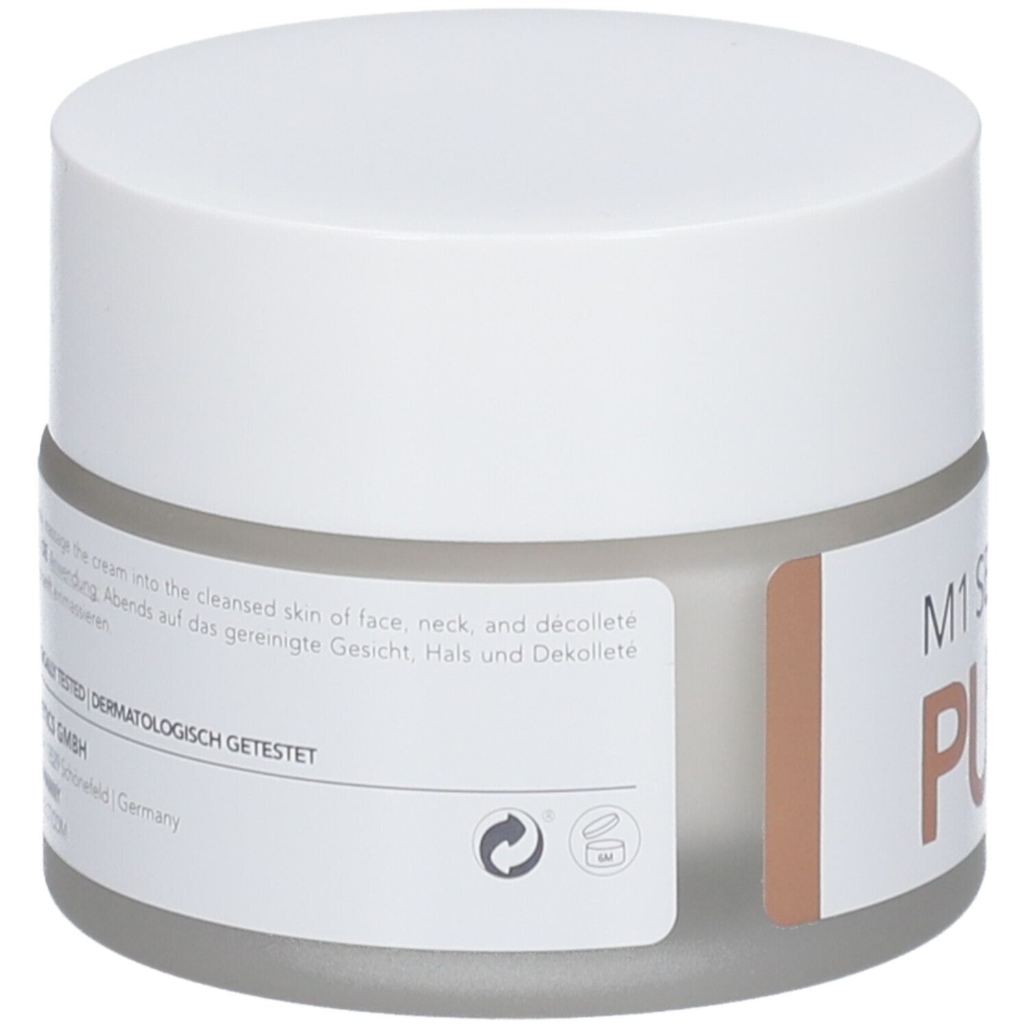Rückansicht eines Creme-Tiegels mit weißem Deckel. Auf dem Etikett steht Text, darunter "M1 SELECT PURE".