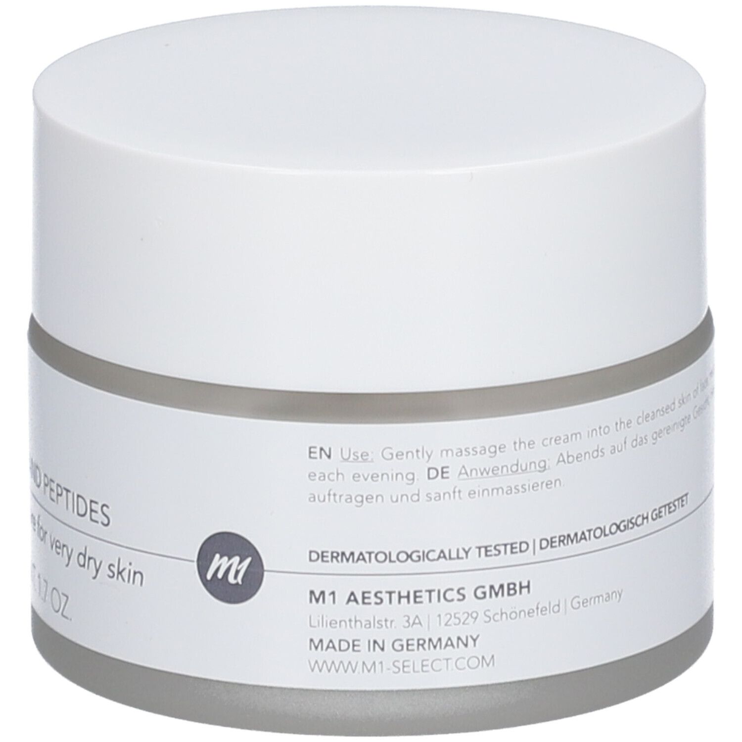 Creme-Tiegel mit weißem Deckel und Etikett. Auf dem Etikett steht "M1 SELECT PURE" und "DERMATOLOGISCH GETESTET".