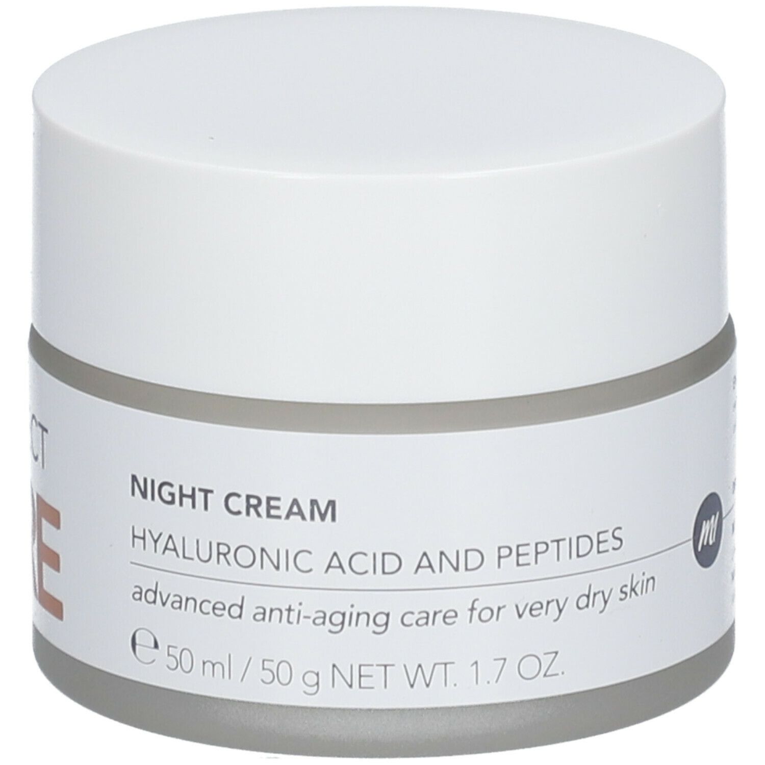 Creme-Tiegel mit weißem Deckel und Etikett. Auf dem Etikett steht "M1 SELECT PURE" und "NIGHT CREAM".