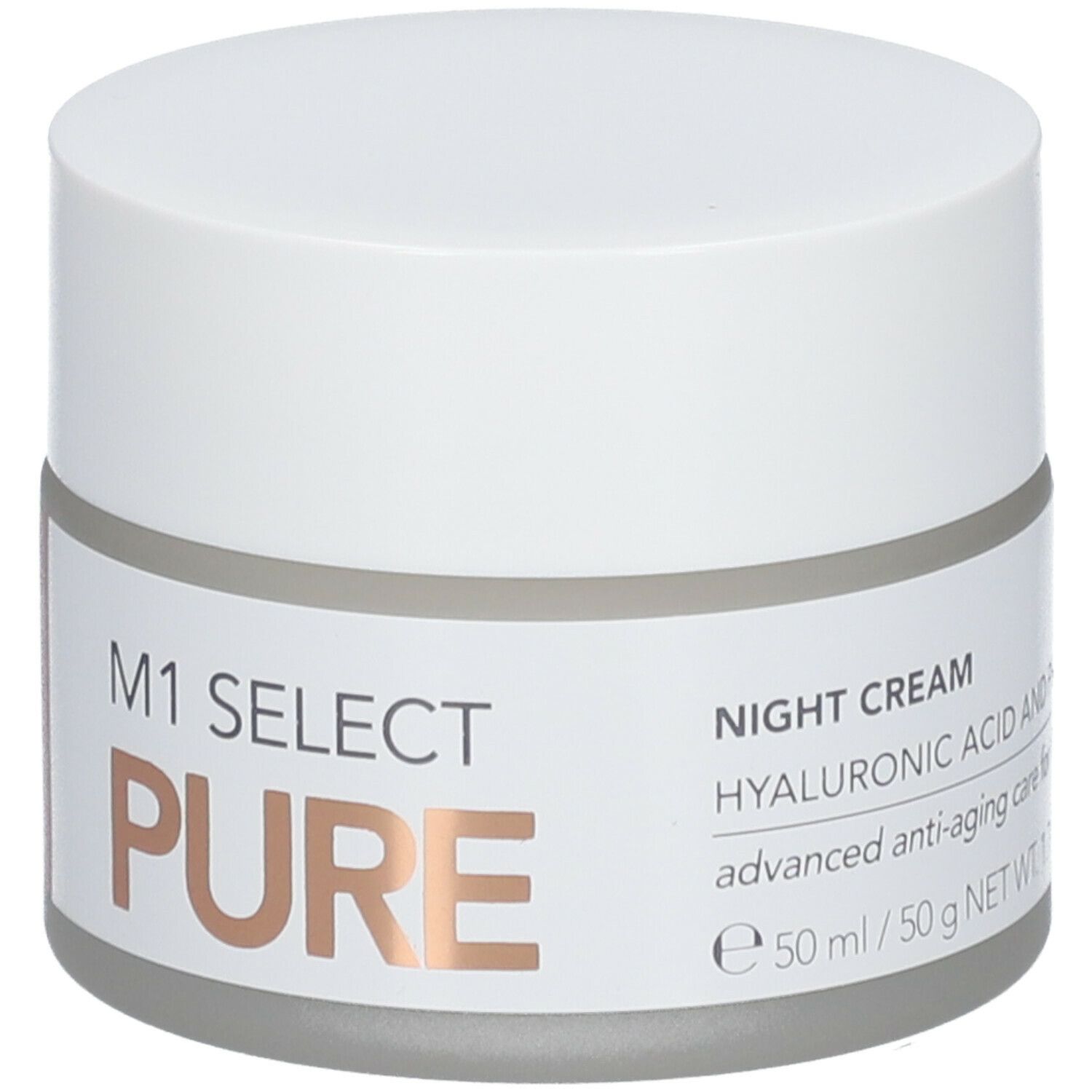 Creme-Tiegel mit weißem Deckel und Etikett. Auf dem Etikett steht "M1 SELECT PURE" und "NIGHT CREAM".
