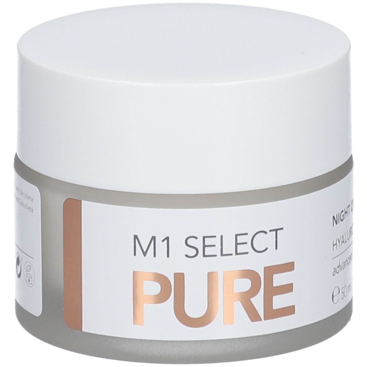 Creme-Tiegel mit weißem Deckel und Etikett. Auf dem Etikett steht "M1 SELECT PURE" und "NIGHT CREAM".