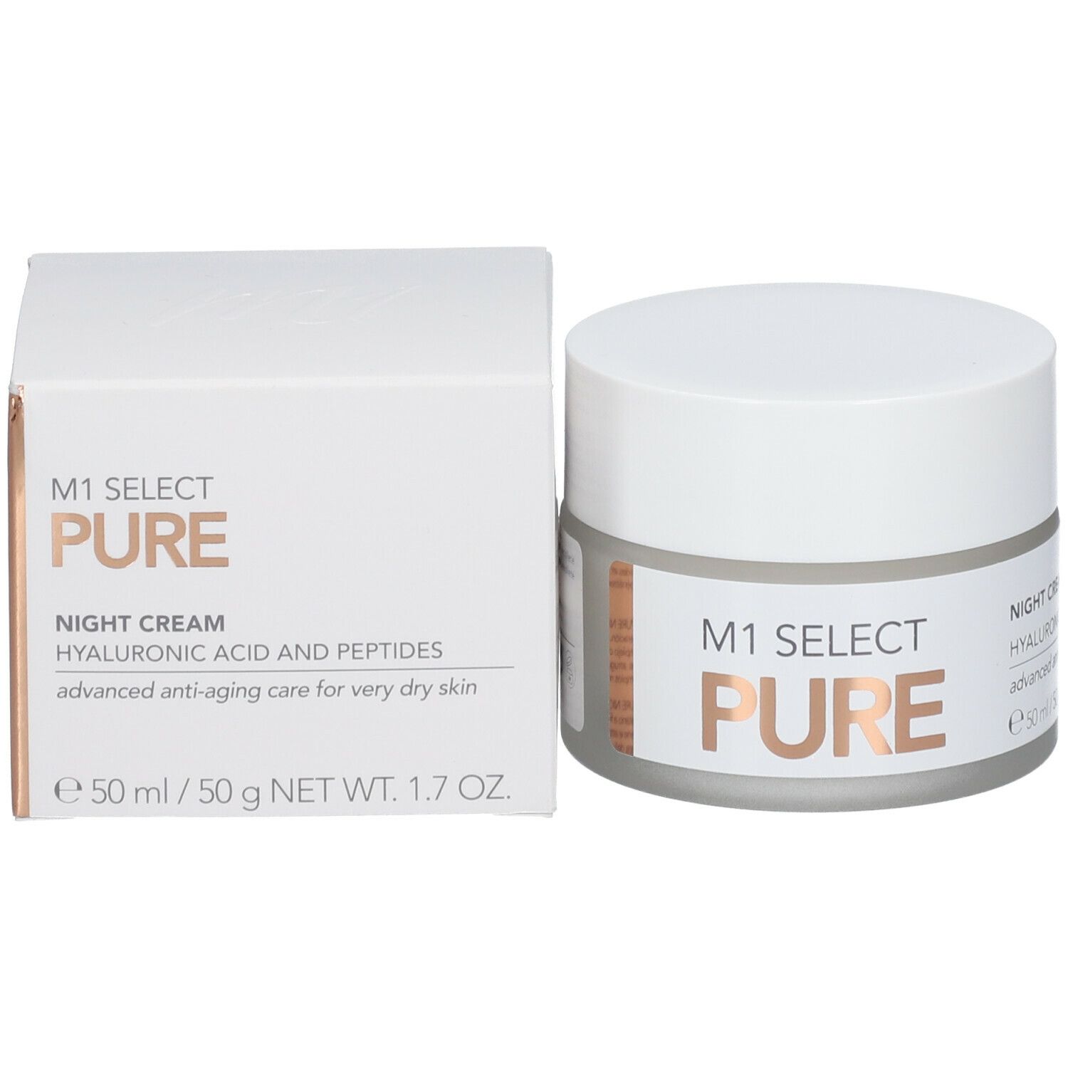 Creme-Tiegel und Verpackung. Auf dem Tiegel und der Verpackung steht "M1 SELECT PURE" und "NIGHT CREAM".