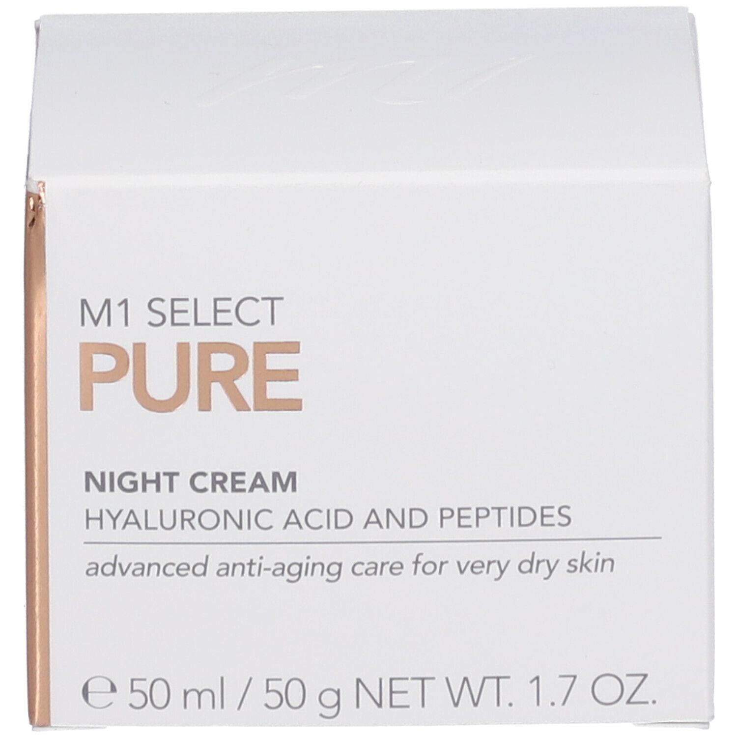 Verpackung mit Text. Auf der Verpackung steht "M1 SELECT PURE" und "NIGHT CREAM".