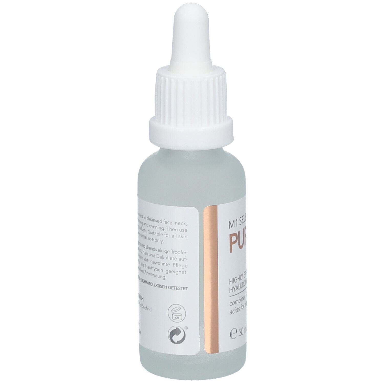 Rückseite einer Klarflasche mit weißem Deckel und Pipette. Etikett mit Text und Symbolen.