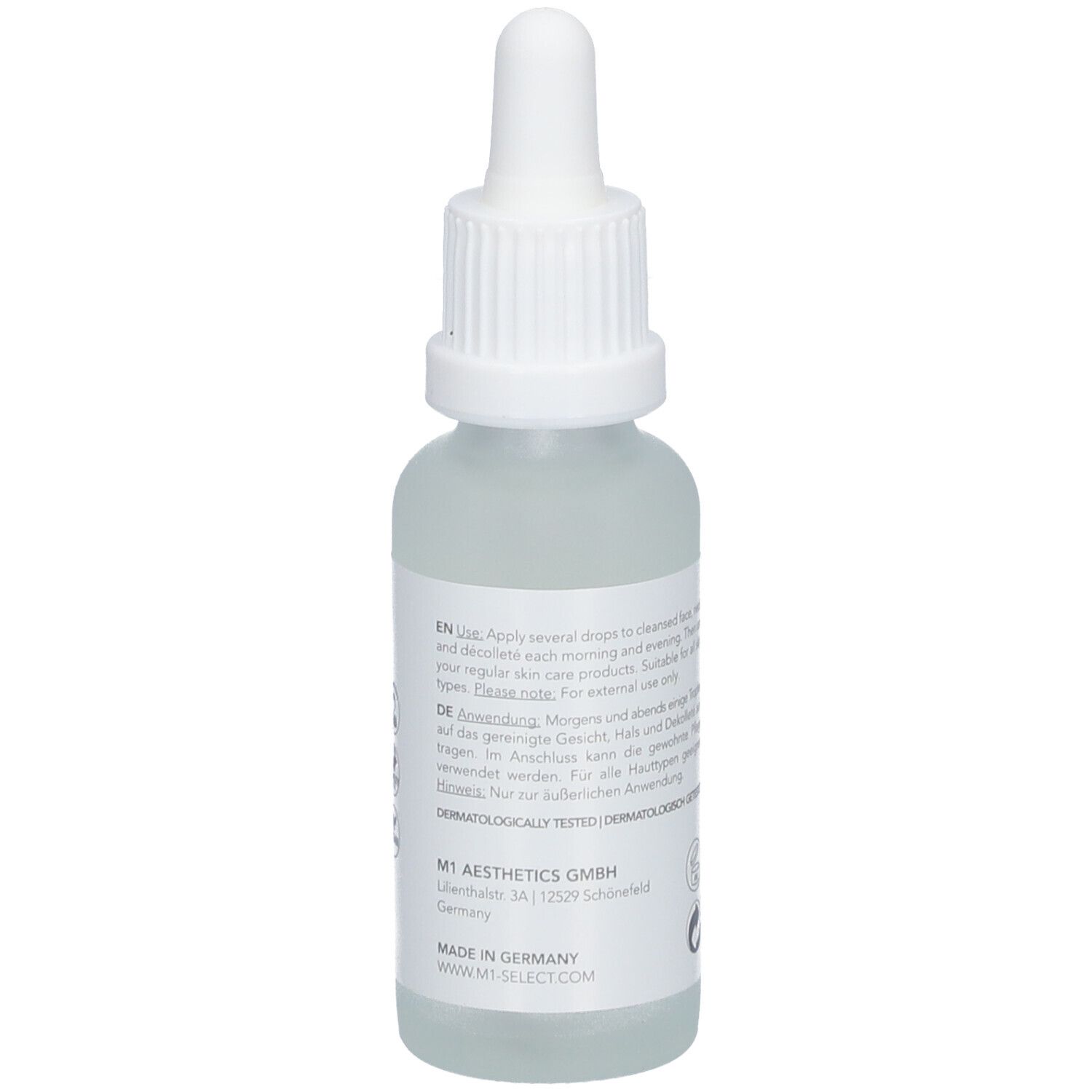 Rückseite einer Klarflasche mit weißem Deckel und Pipette. Etikett mit Text, Herstelleradresse und Logo.