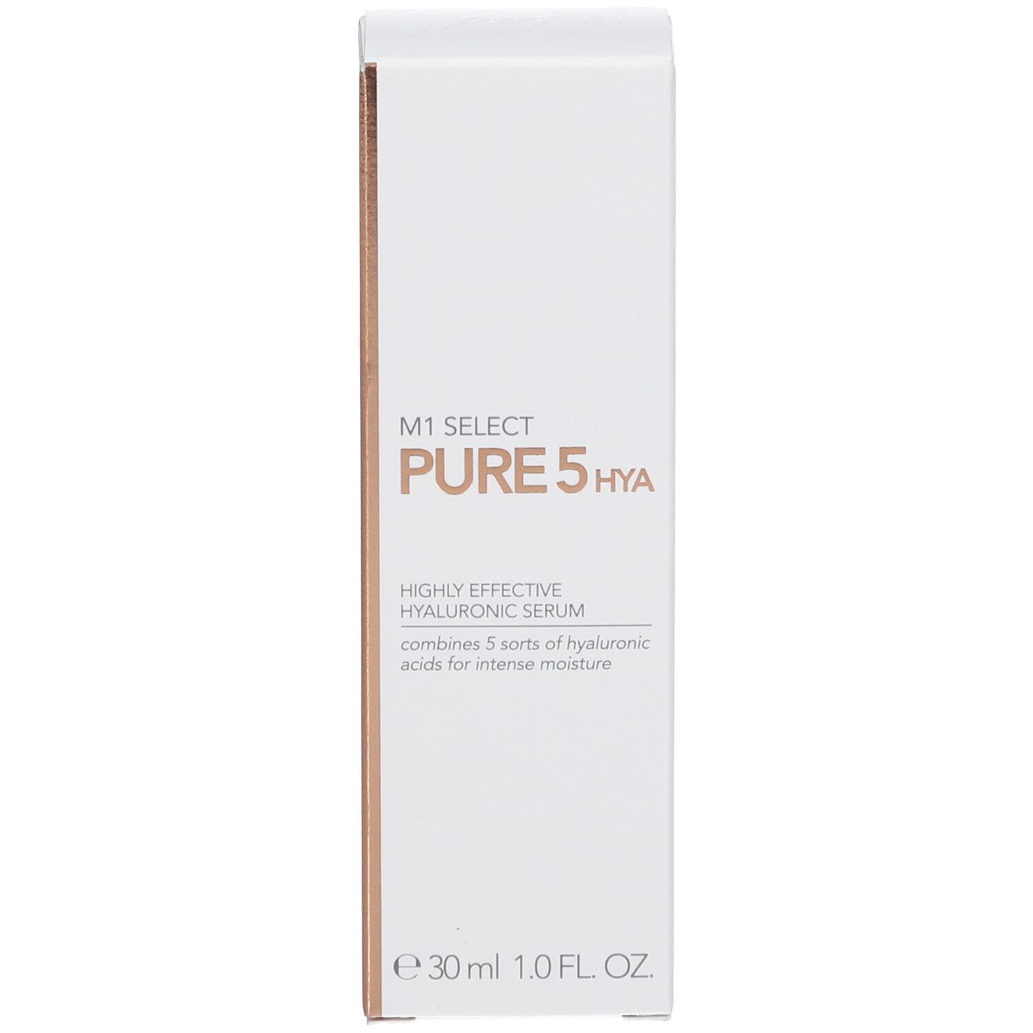 Weiße Verpackung mit Produktnamen und Text. Goldfarbene Akzente. 30ml.