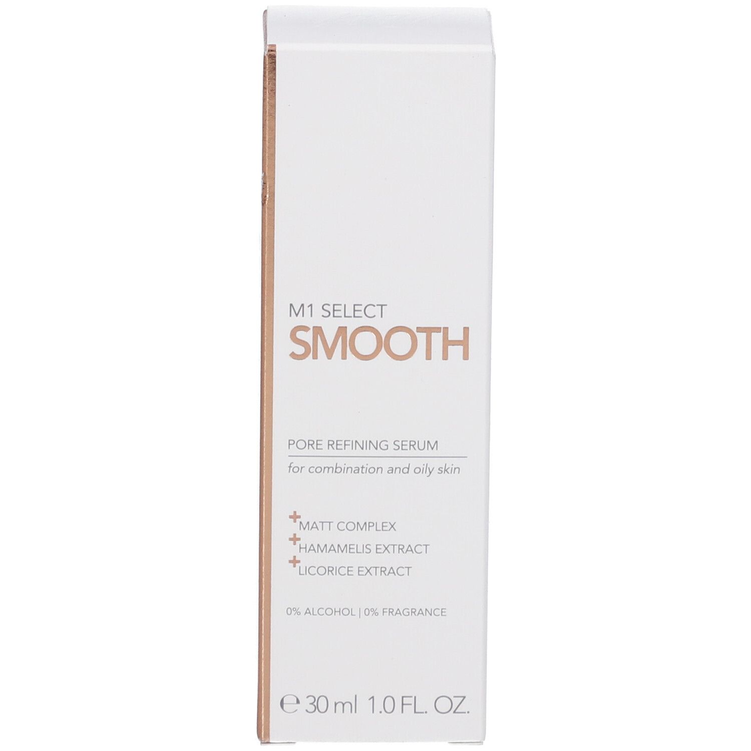 Verpackung. Aufschrift: M1 SELECT SMOOTH. Für Mischhaut und fettige Haut. Inhaltsstoffe: Matt Complex, Hamamelis, Lakritz.