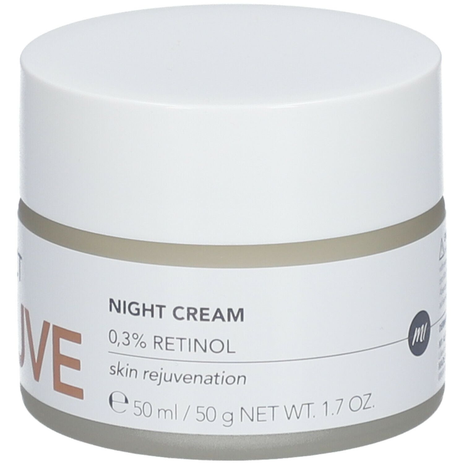 Creme-Tiegel mit weißem Deckel. Auf dem Etikett: M1 Select Rejuve, Nachtcreme, 0,3% Retinol, Hautverjüngung, 50ml.