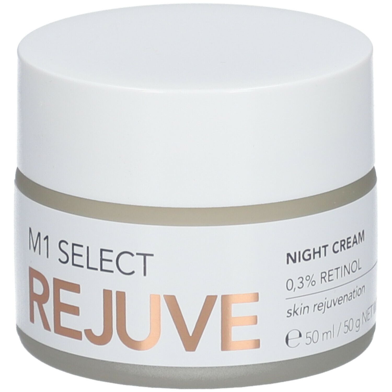 Creme-Tiegel mit weißem Deckel. Auf dem Etikett: M1 Select Rejuve, Nachtcreme, 0,3% Retinol, Hautverjüngung, 50ml.
