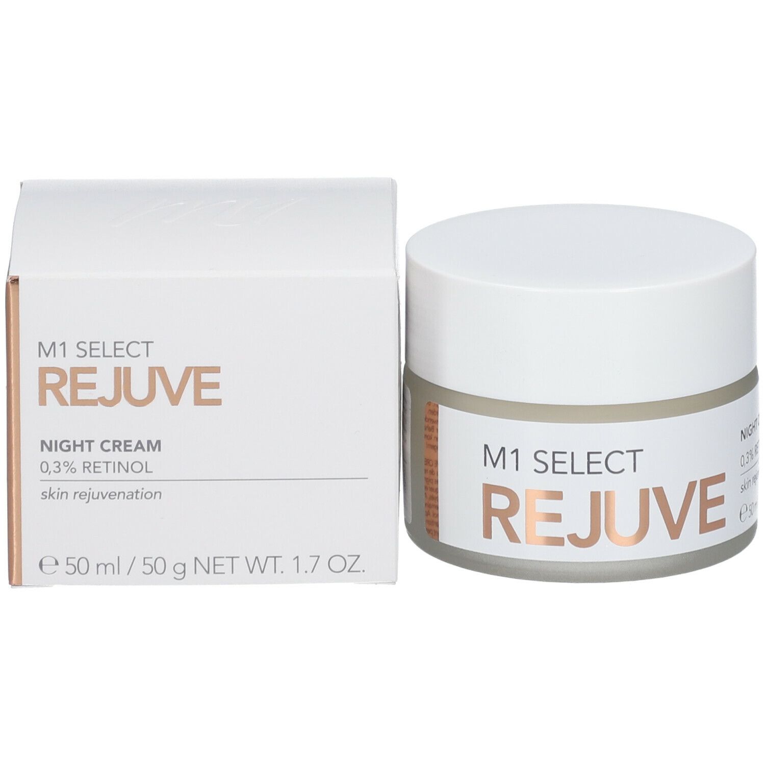 Creme-Tiegel und Schachtel. Auf der Schachtel: M1 Select Rejuve, Nachtcreme, 0,3% Retinol, Hautverjüngung, 50ml.