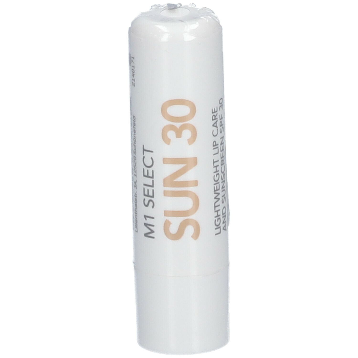 Lippenpflegestift, weiß mit brauner Schrift. Aufschrift: M1 SELECT SUN 30, Lightweight Lip Care and Sunscreen SPF 30.