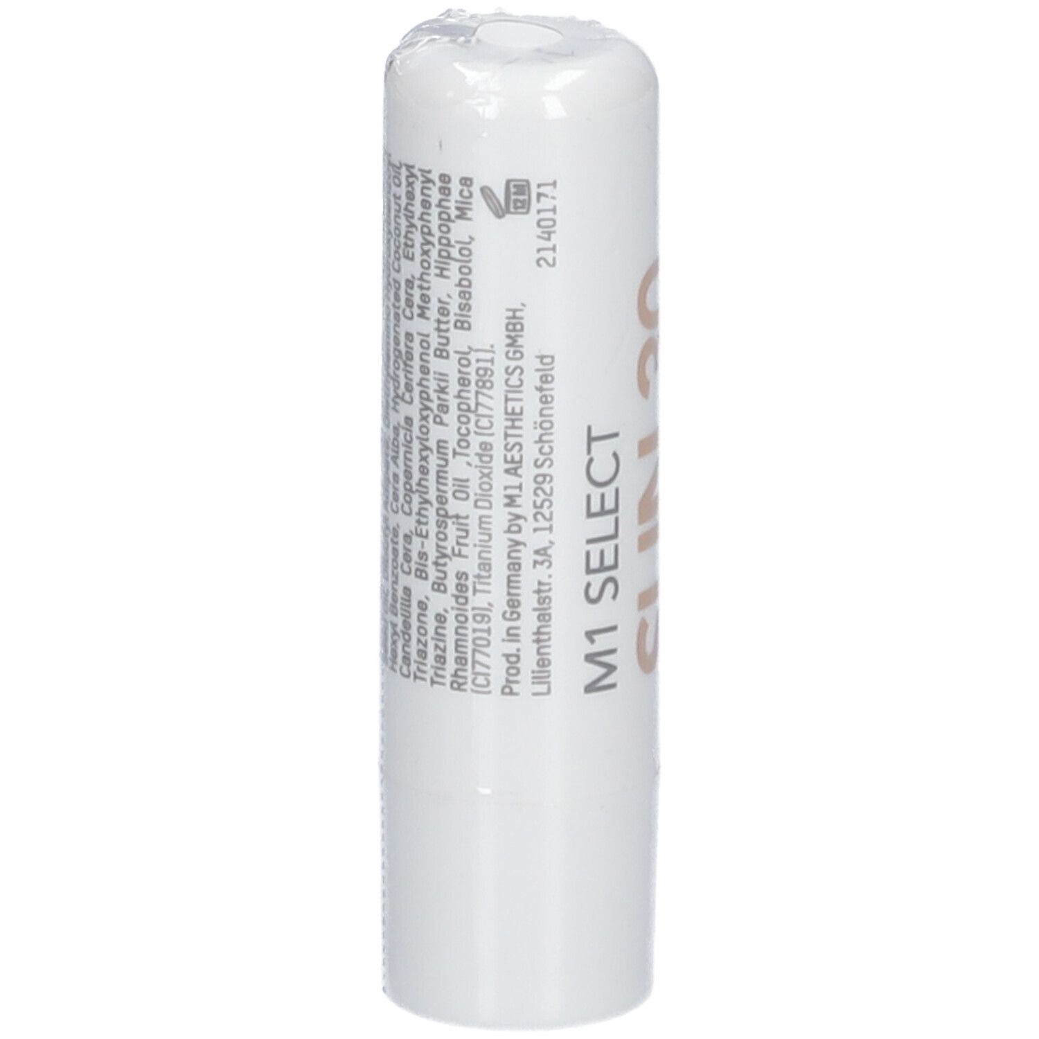 Weißer Lippenpflegestift mit Inhaltsstoffangaben und Produktionsinformationen. Aufschrift: M1 SELECT.