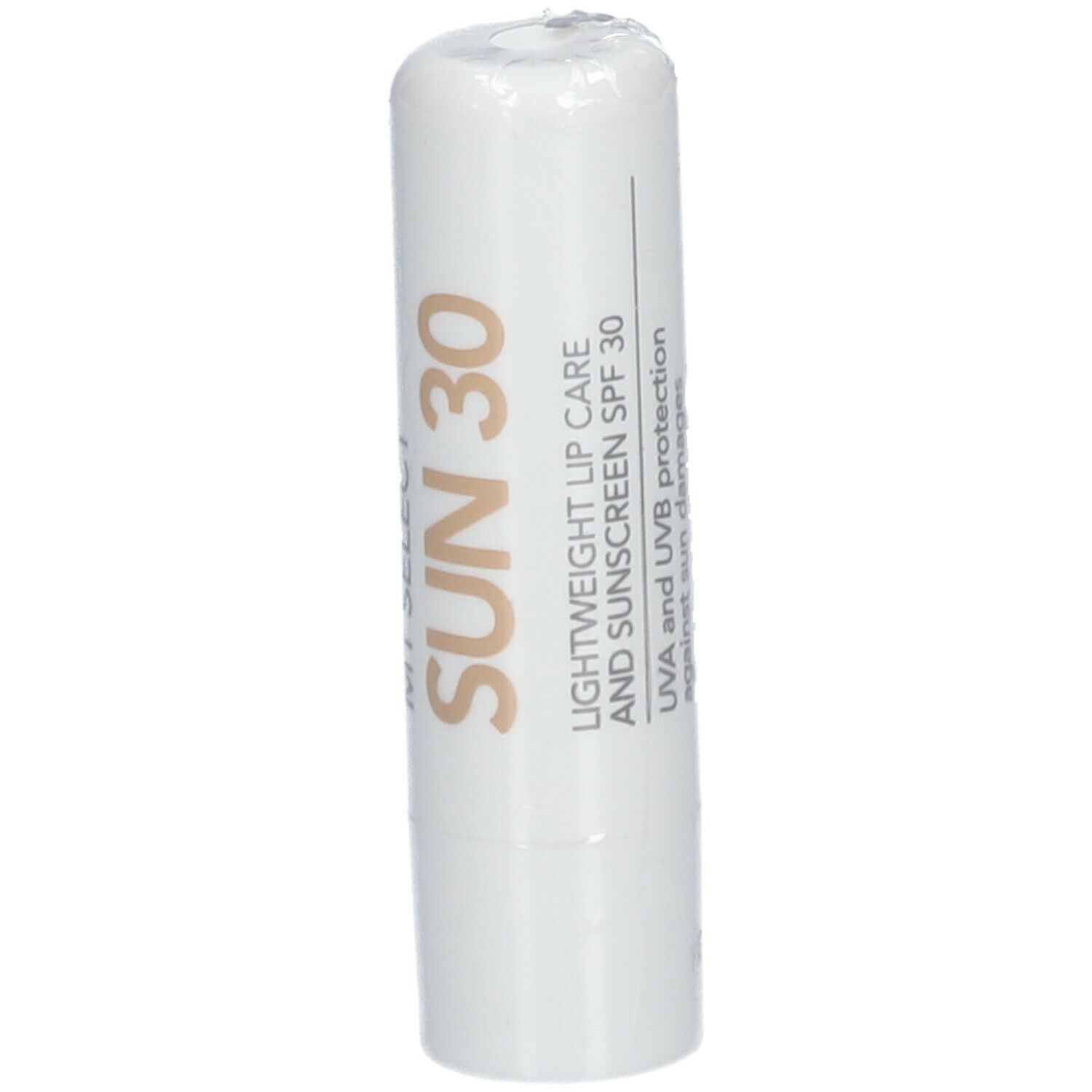 Weißer Lippenpflegestift mit brauner Schrift. Aufschrift: SUN 30, Lightweight Lip Care and Sunscreen SPF 30, UVA and UVB protection.