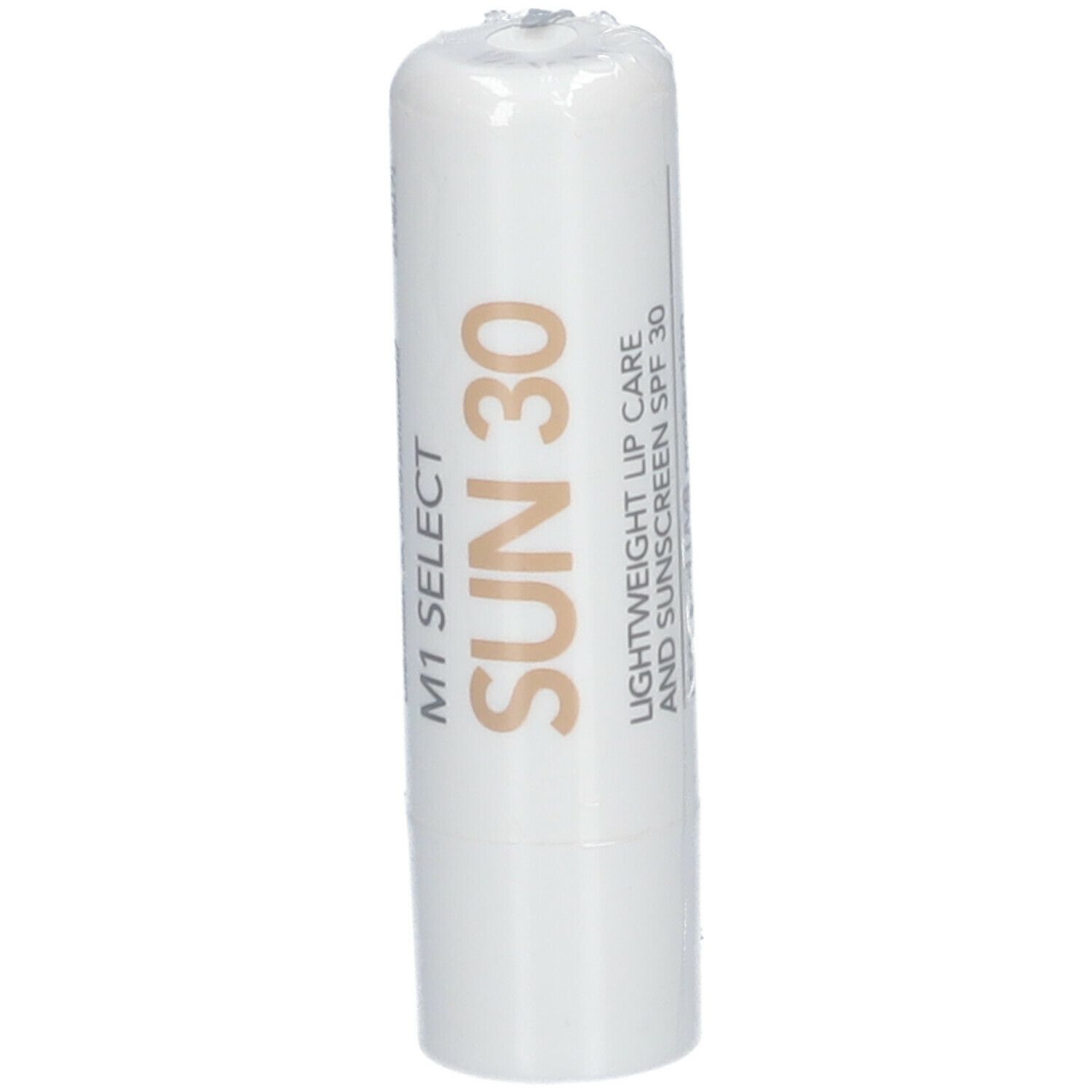 Weißer Lippenpflegestift mit brauner Schrift. Aufschrift: Lightweight Lip Care and Sunscreen SPF 30, UVA and UVB protection against sun damages.