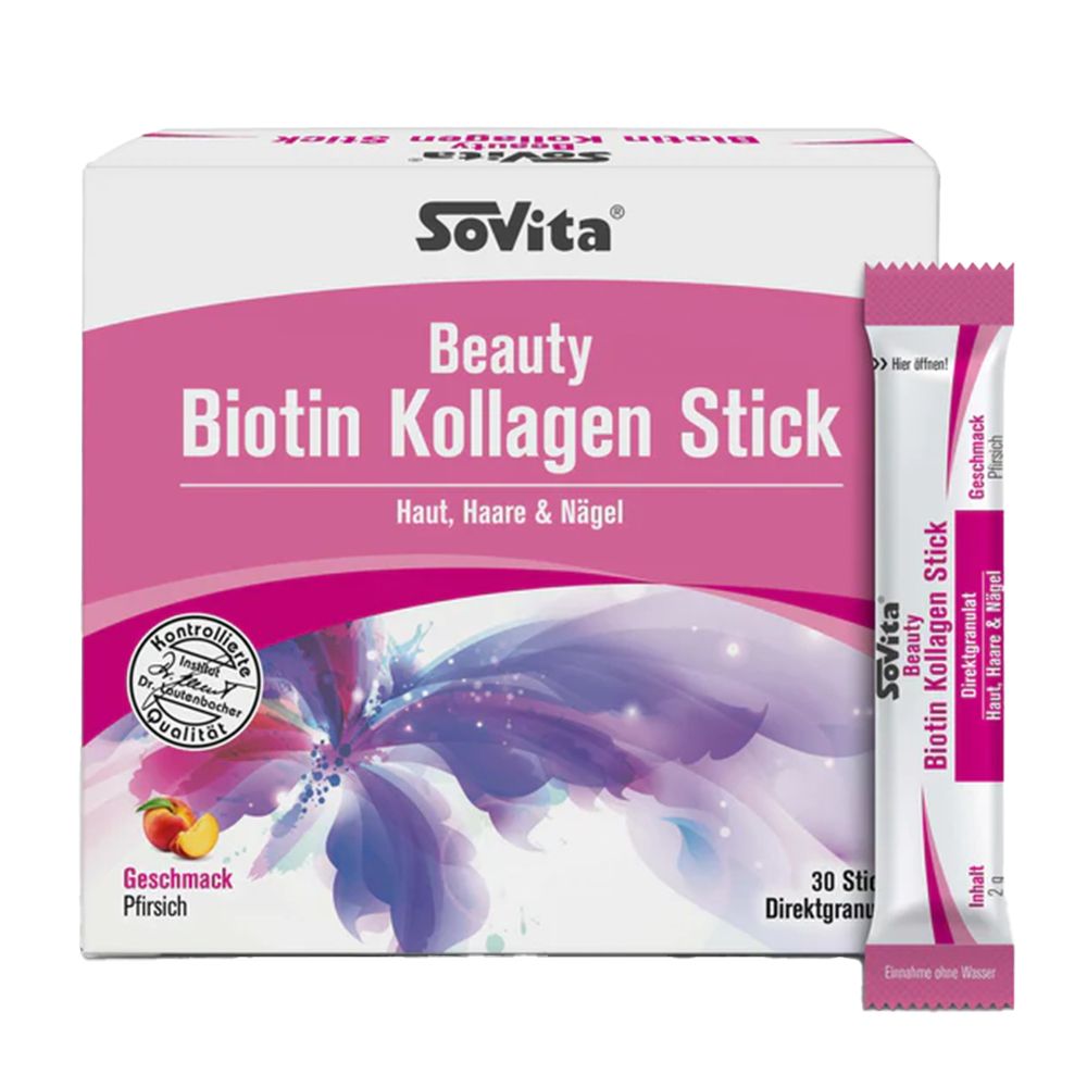 SoVita Beauty Biotin Kollagen Stick. Verpackung mit 30 Sticks. Geschmack Pfirsich. Direktgranulat. Kontrollierte Qualität.