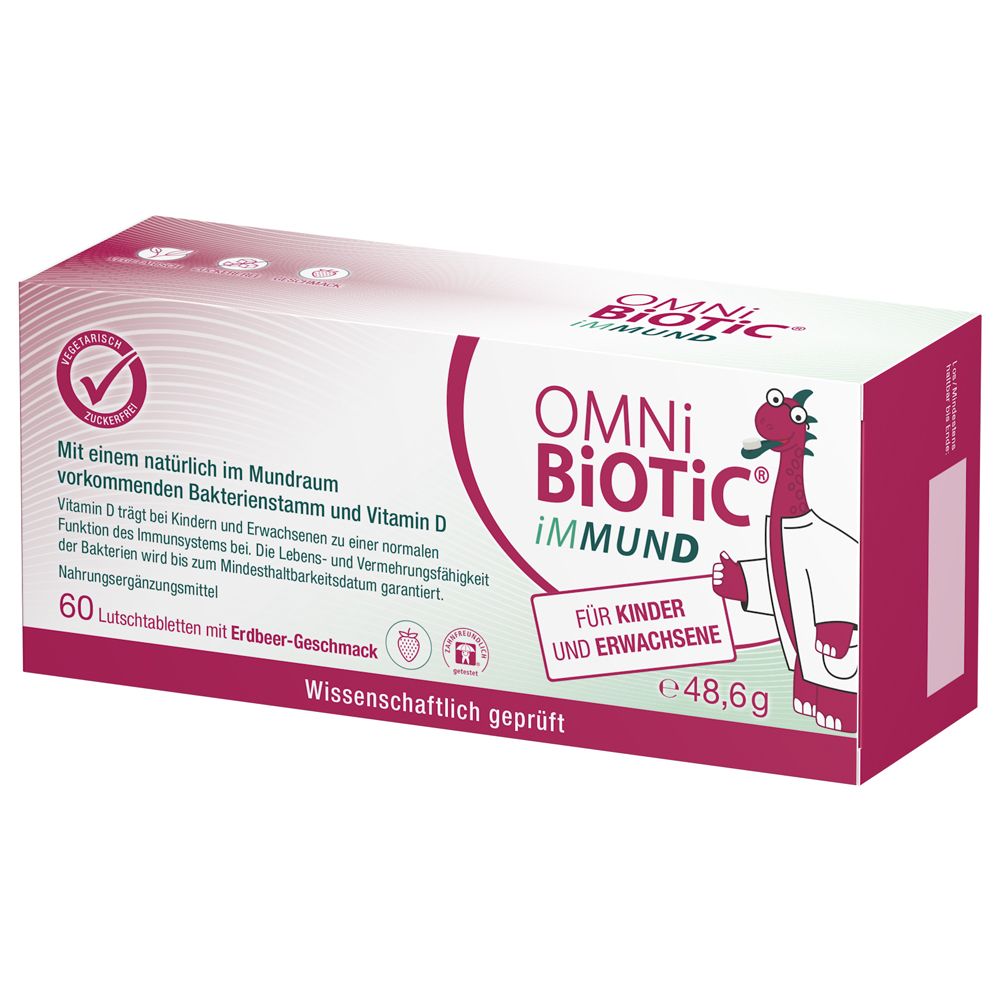 OMNi-BiOTiC® iMMUND Karton mit 60 Lutschtabletten, Erdbeer-Geschmack, 48,6g.