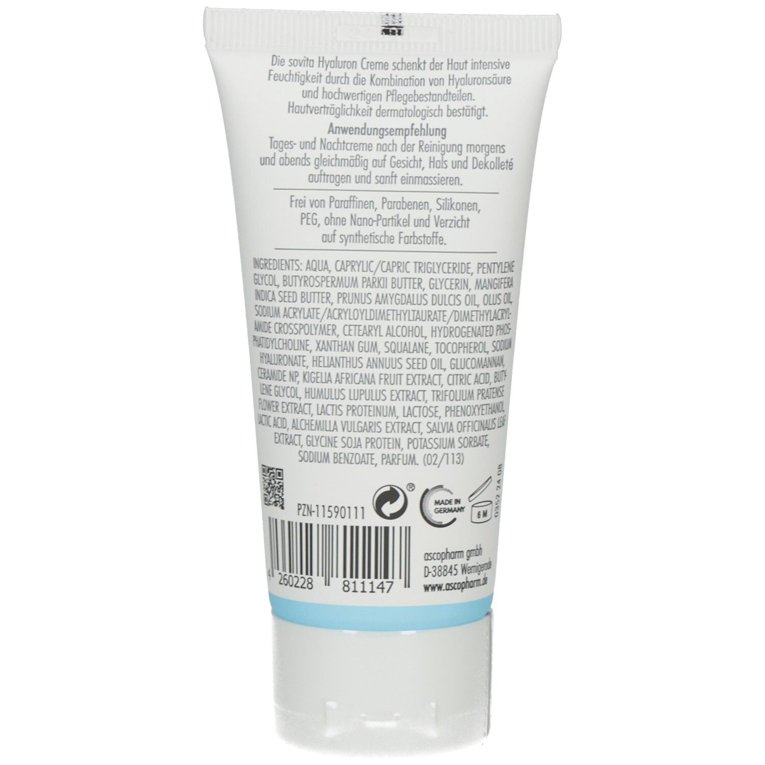 Rückseite der Creme-Tube. Enthält Text und Symbole. Weiße Tube mit blauer Schrift.