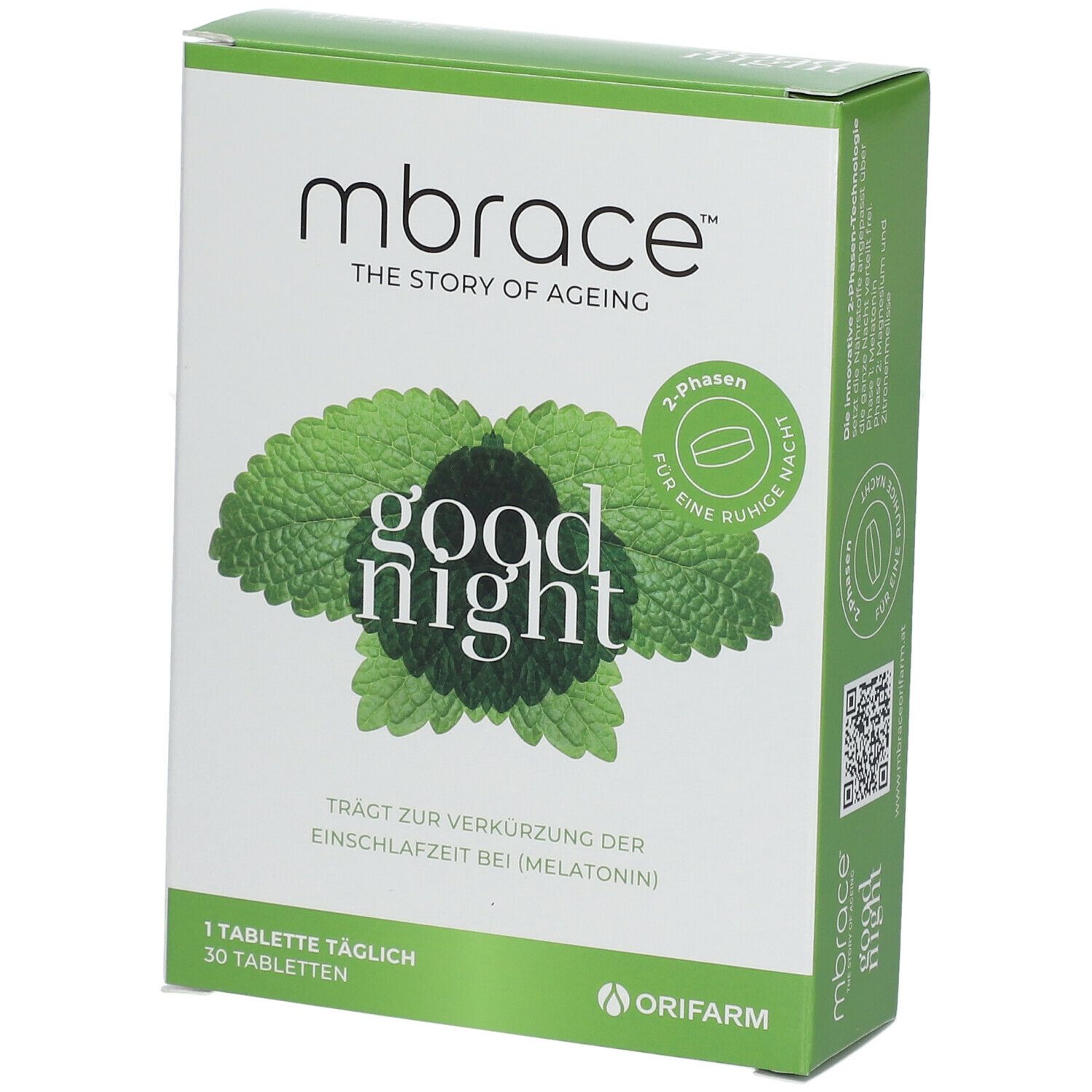 Schachtel mit "mbrace good night". Aufschrift: "Trägt zur Verkürzung der Einschlafzeit bei (Melatonin)". 30 Tabletten.